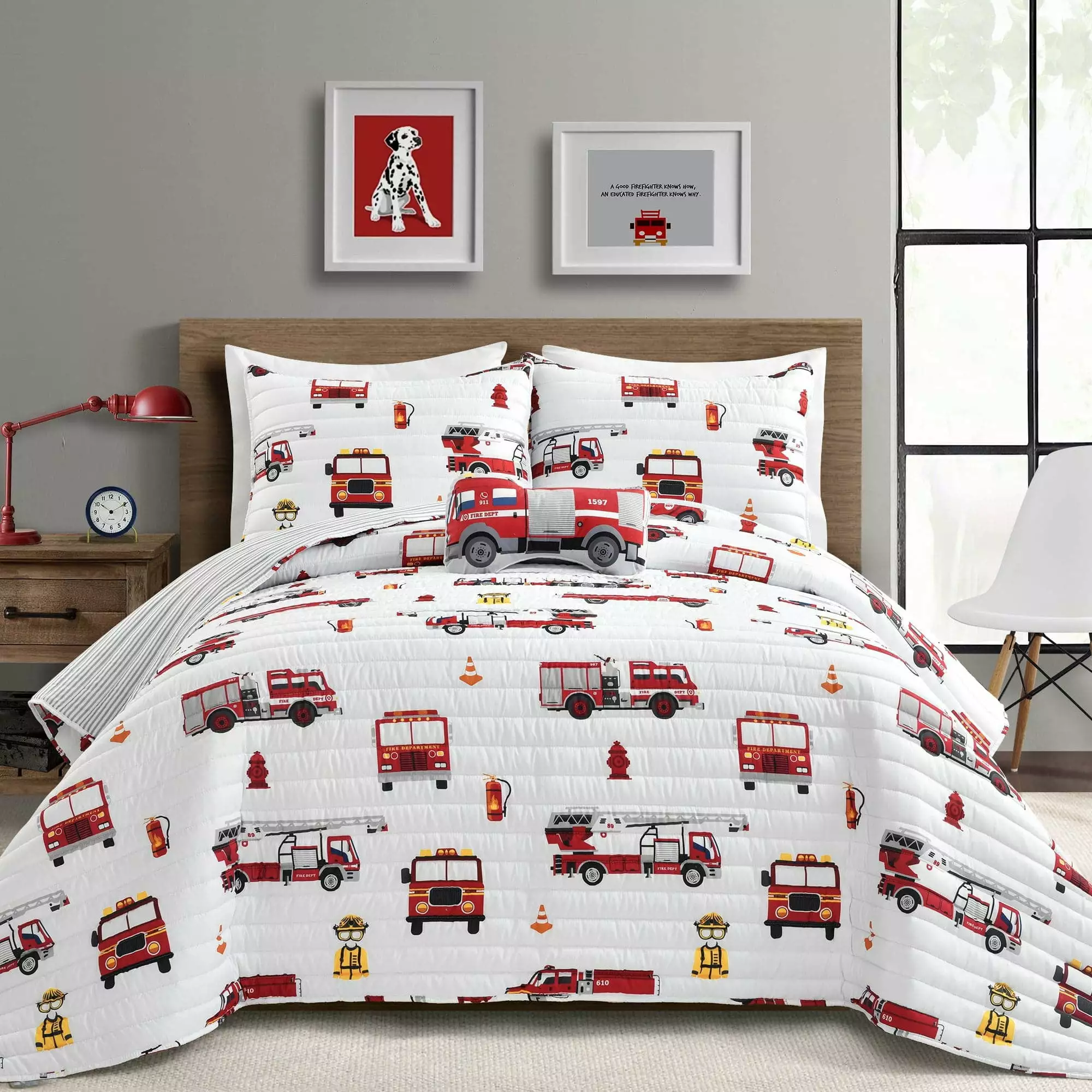 Lush Decor Fire Truck Quilt 3 Piece Set. Twin. Red & White - Reversible Stripe Print Toddler Bedding Set for Kids Room