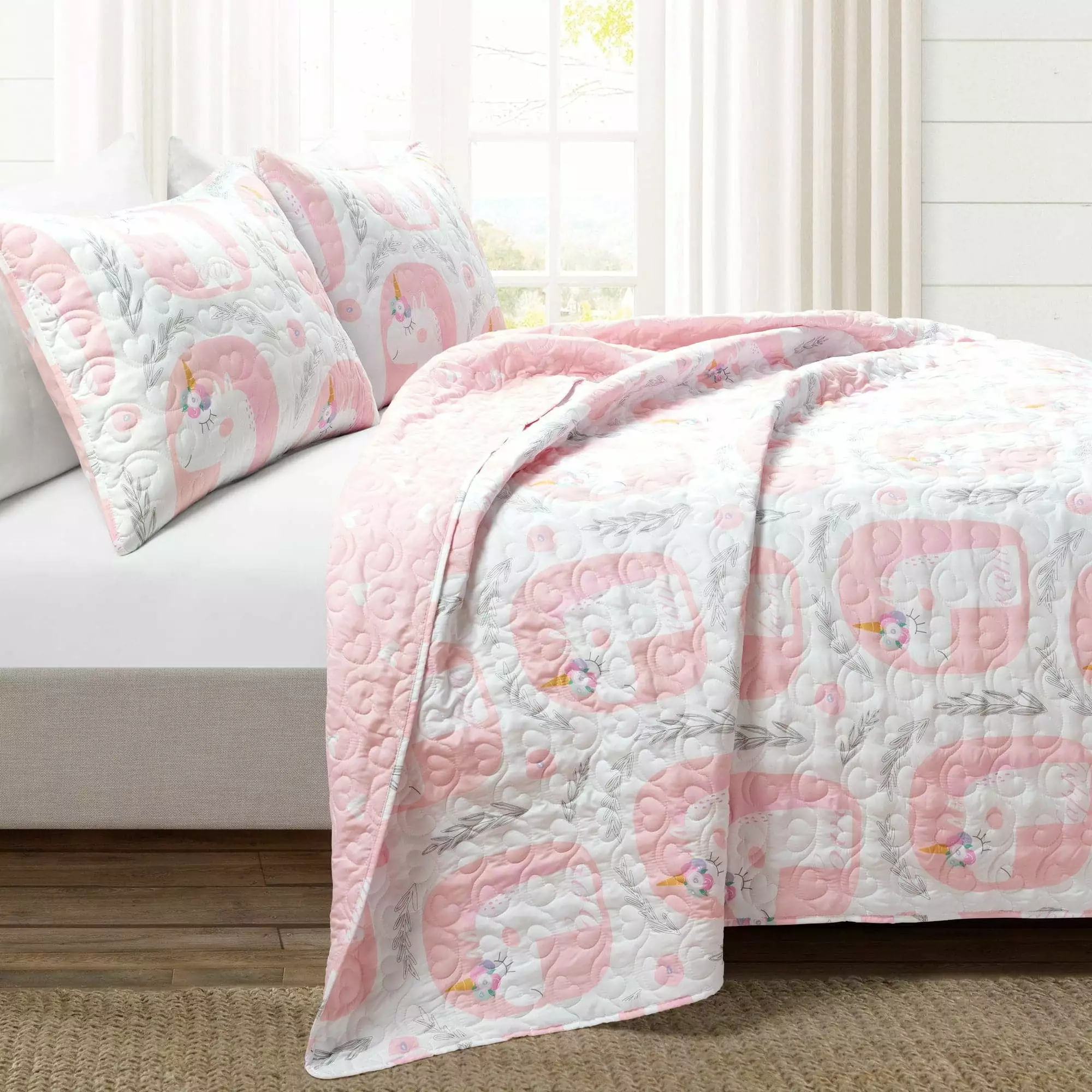 Lush Decor Make A Wish Inspirational Unicorn Reversible Oversized Quilt Pink 3Pc Set Full/Queen