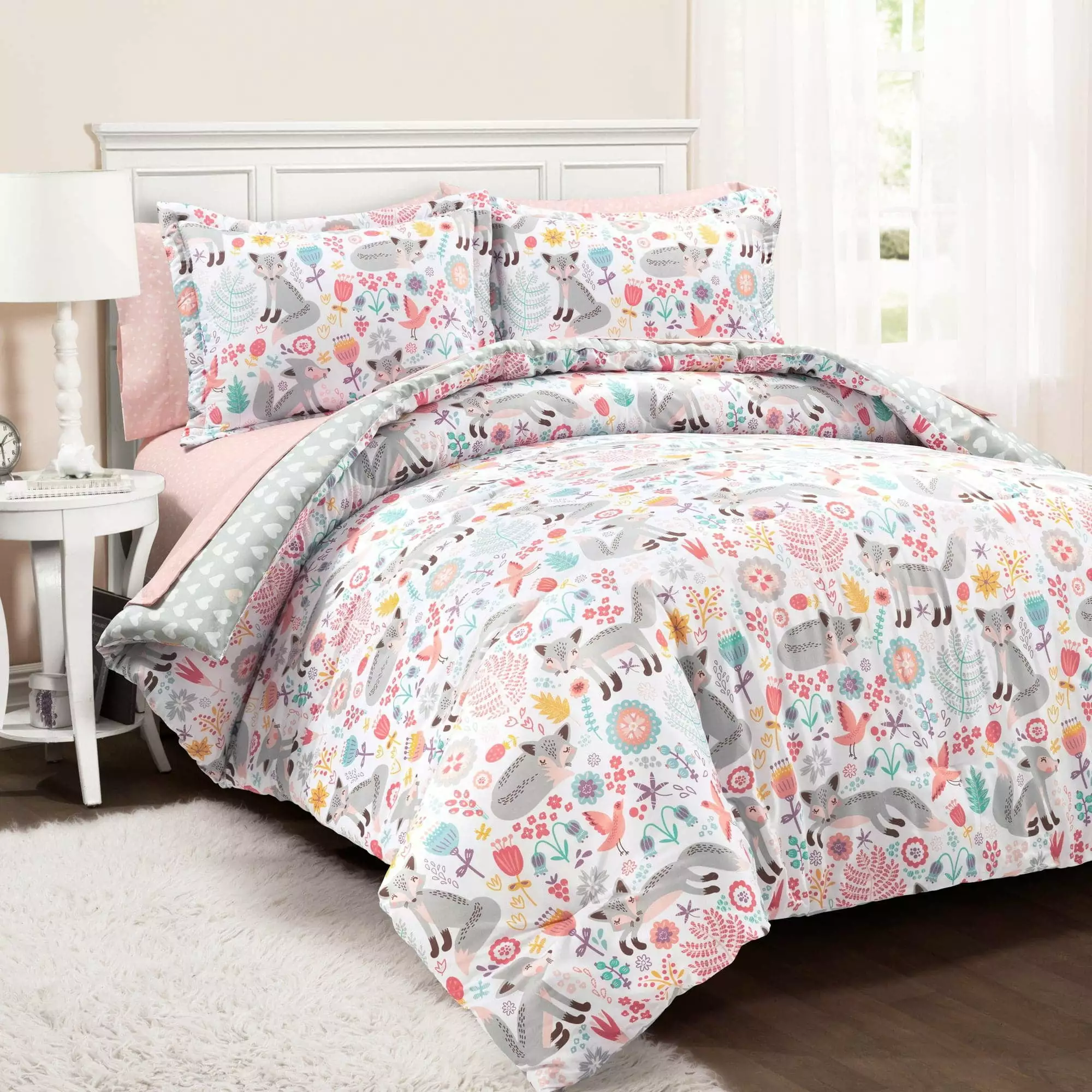 Lush Decor Pixie Fox With Sheet Set Kids Back To Campus Comforter Pink/Gray 5Pc Set Twin-Xl