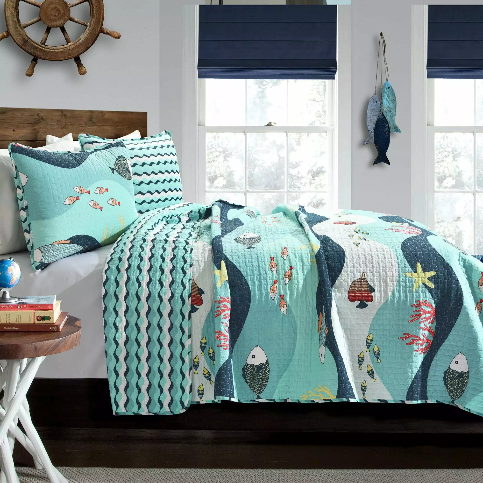 Lush Decor Sea Life Cotton Reversible Quilt. Twin. Blue. 2-Pc Set