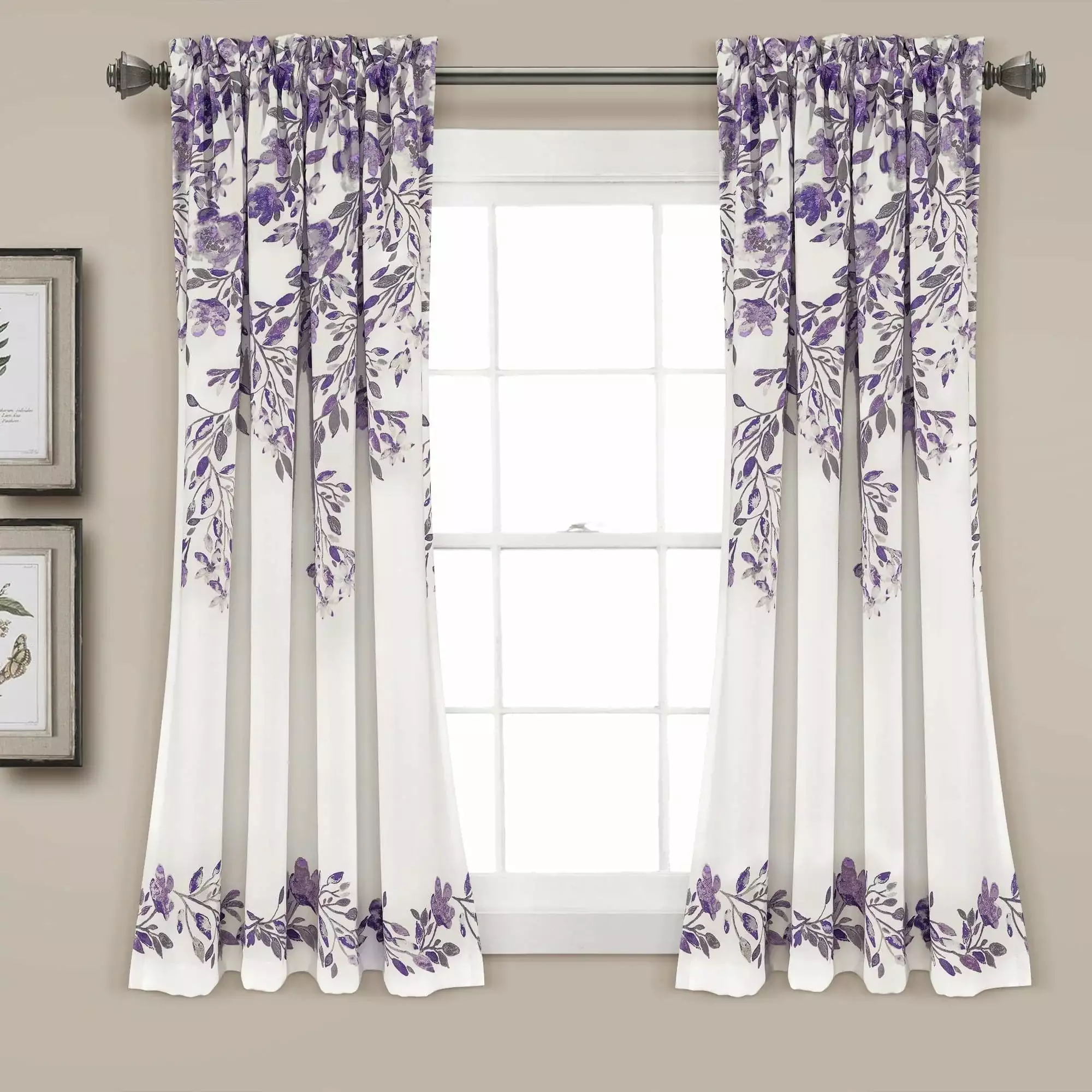 Lush Decor Tanisha Room Darkening 63 x 52+ 2 Header Floral Purple 3 Rod Pocket Pair Window Panel