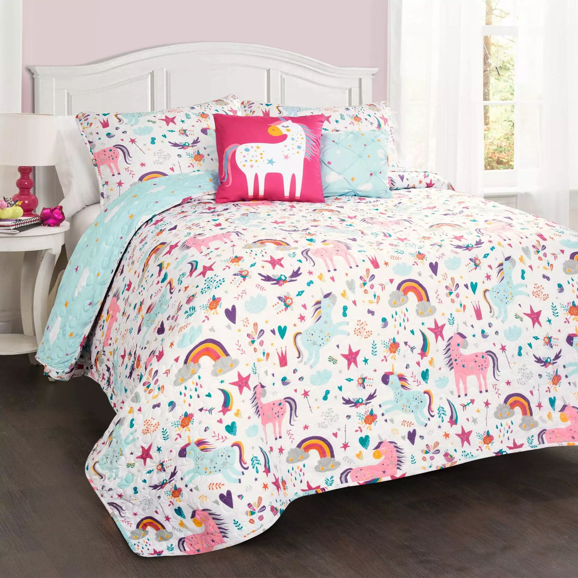 Lush Decor Unicorn Heart Kids Animal Print Reversible Quilt. Twin. White/Multi. 4-Pc Set