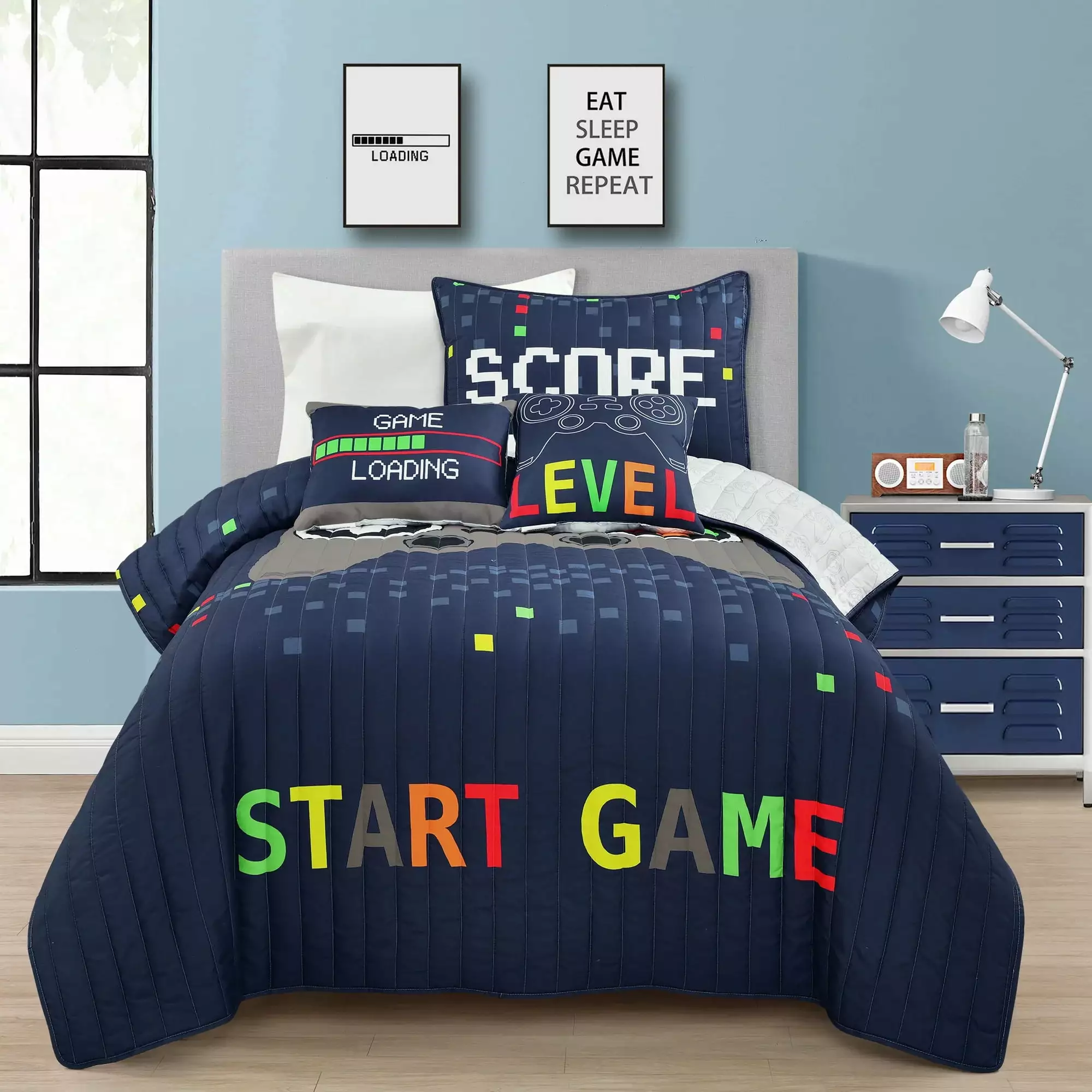 Lush Decor Video Games Kids Print Reversible Quilt. Twin. Navy/Multi. 4-Pc Set