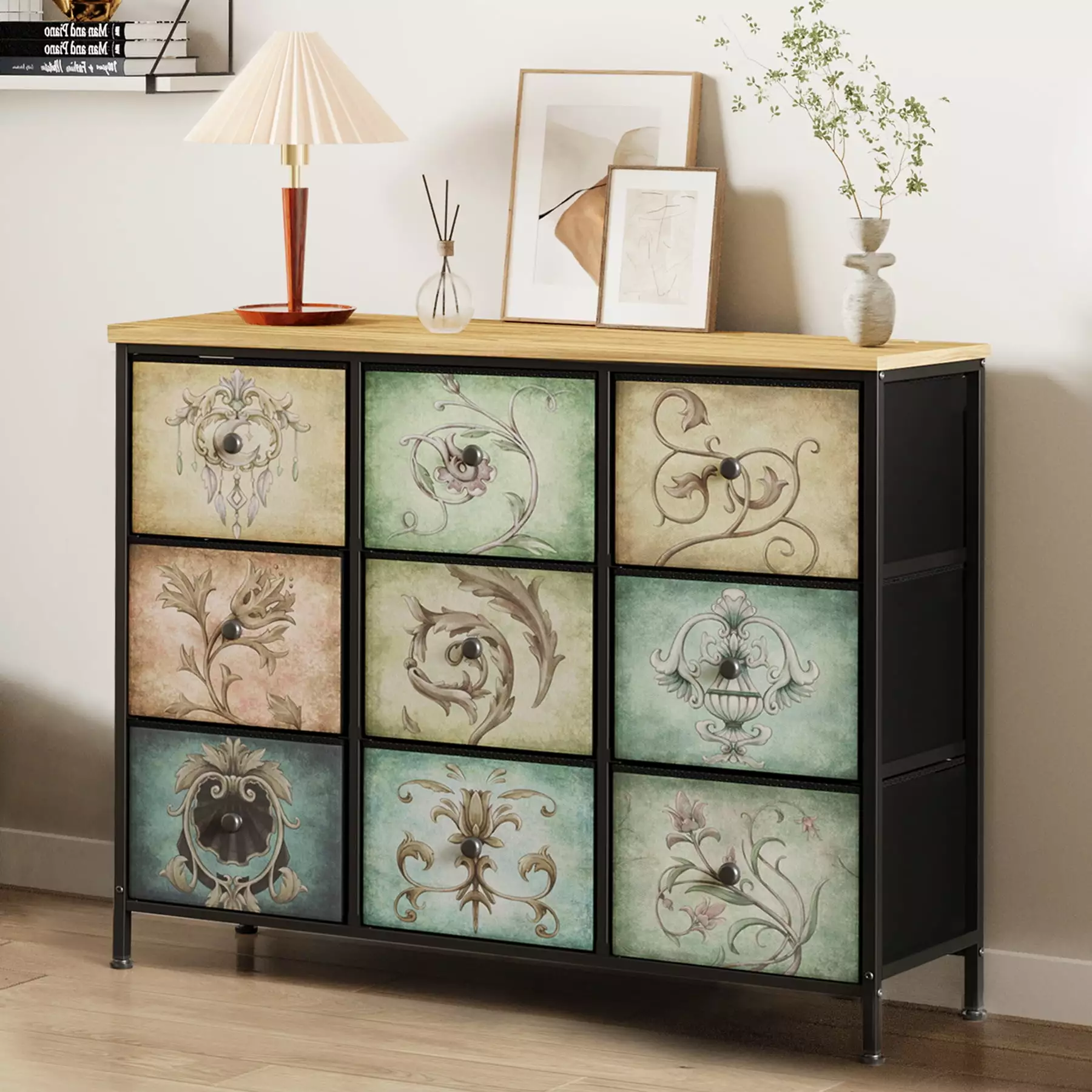 Luxmo 9 Drawer Dresser for Bedroom. Chest of Drawers Closets Storage for Living Room. Fabric Drawers with Steel Frame Wooden Top