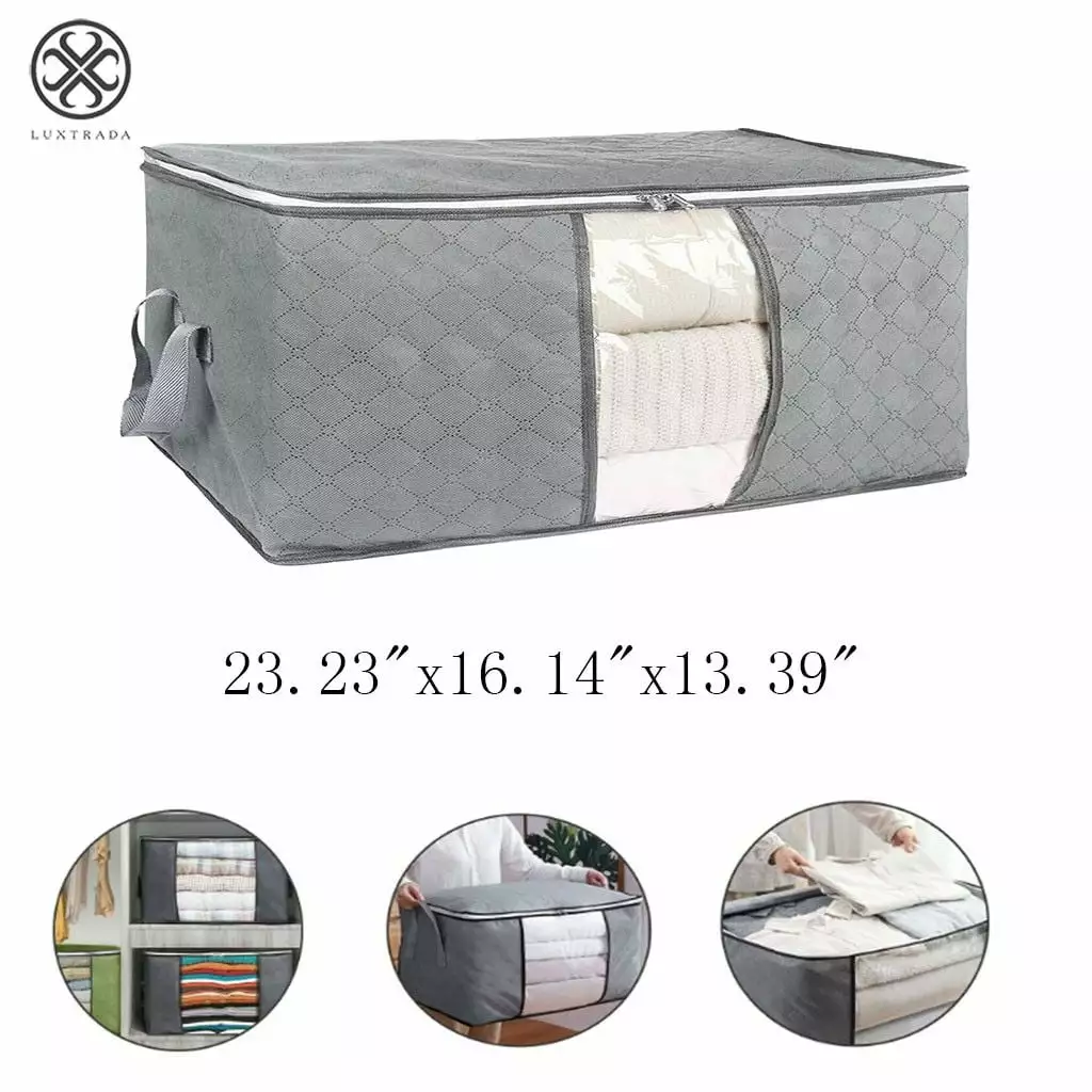 Luxtrada Foldable Storage Bag Organizers. Waterproof Anti-Mold Moisture Proof Clothes Storage Container Zipper Bag with Clear Window Carry Handles for Blanket Comforter Bedding. Closet Storage Boxes