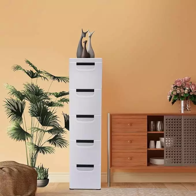 MIDODO Narrow Dresser Storage Tower with 5 Drawers. Plastic Vertical Storage Dresser. Slim Dresser Chest Of Drawers Nightstand for Bedroom