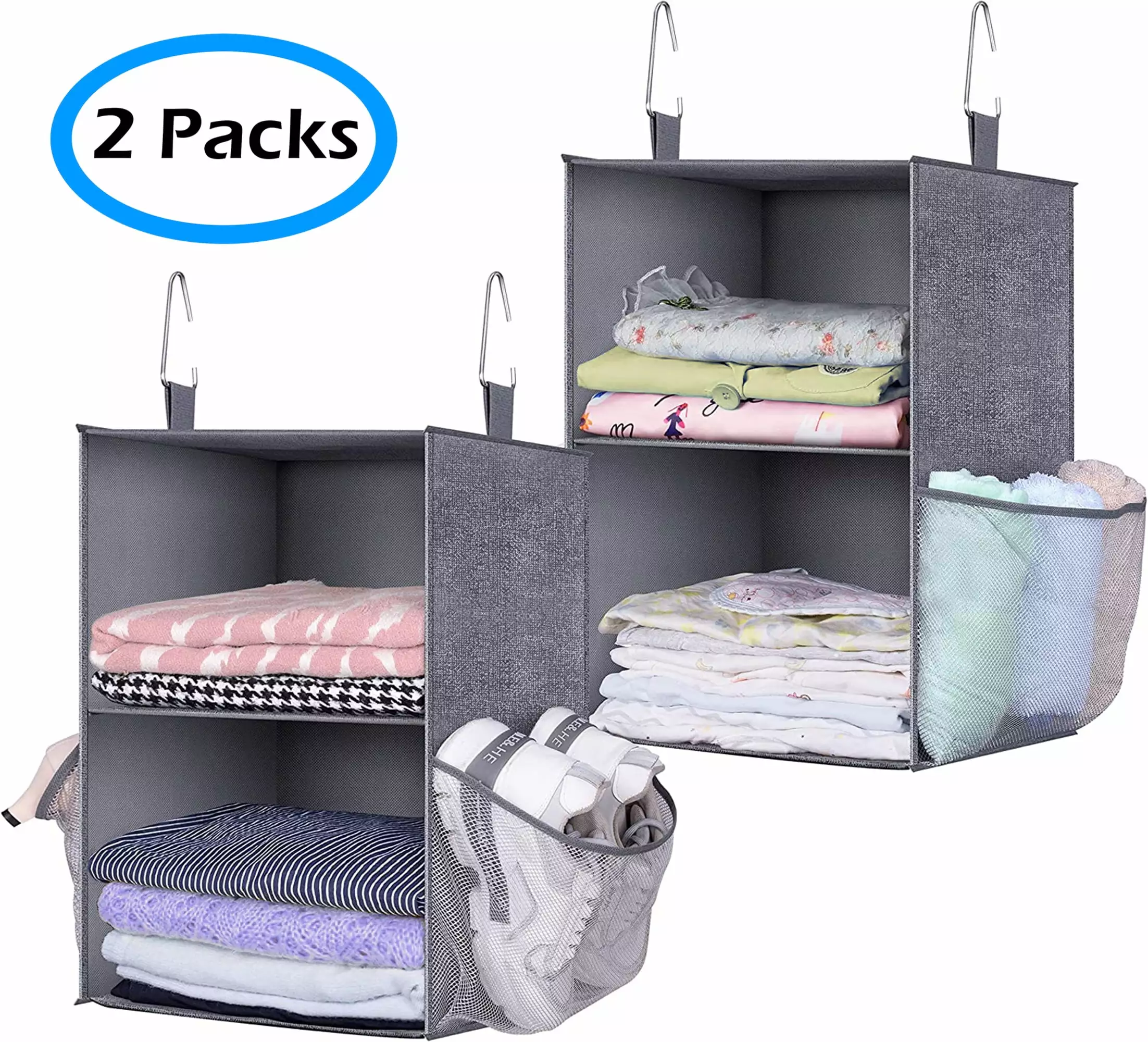 MISSLO Large Hanging Closet Organizer 2-Shelf with 2 Side Mesh Pockets Bedroom Wardrobe Hanging Shelves for Clothes Storage - Gray