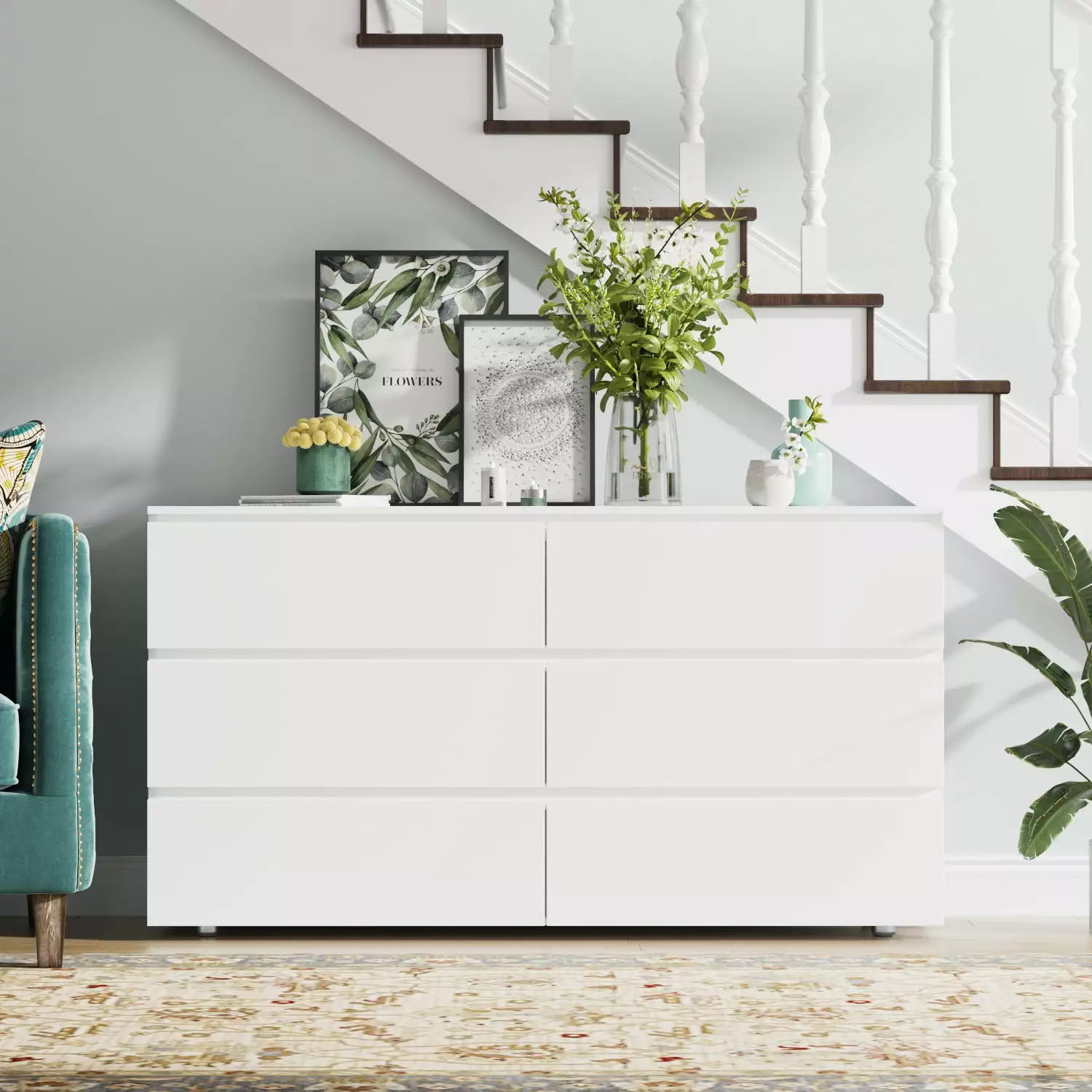 MONSLIPA 6 Drawer Dresser for Bedroom. Modern Chest of Drawers Wood Double Dresser. White