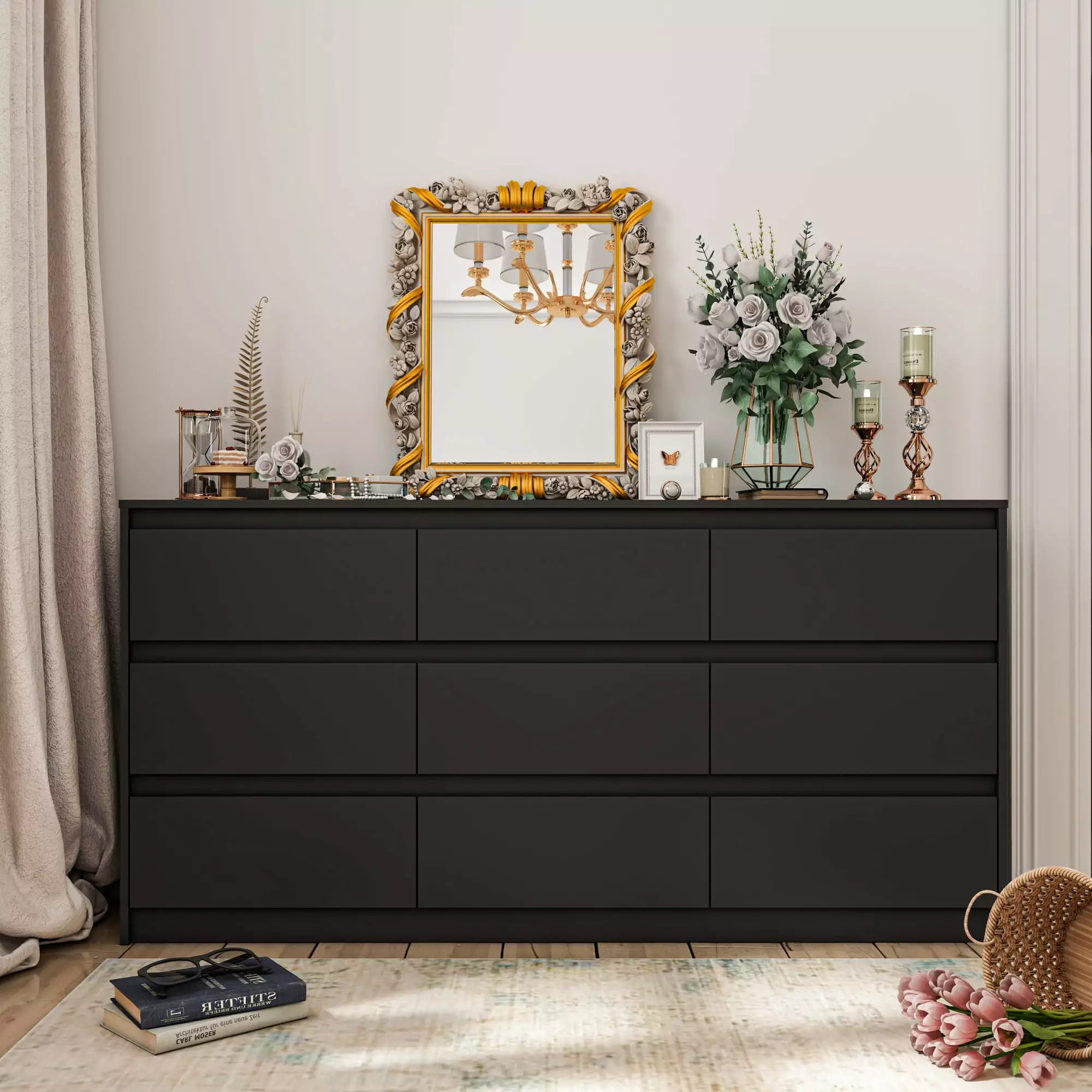 MONSLIPA Chest of Drawers 9 Drawer Dresser. Modern Wooden Storage Dresser for Bedroom Hallway. Black