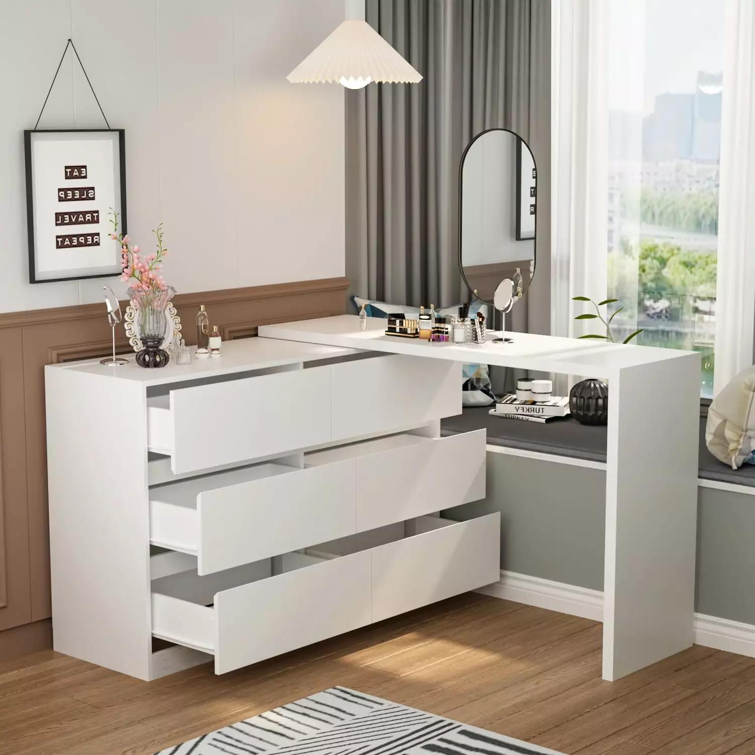 MONSLIPA Rotating White Drawer Dresser. Storage Cabinet with 6 Drawer for Home Office Bedroom