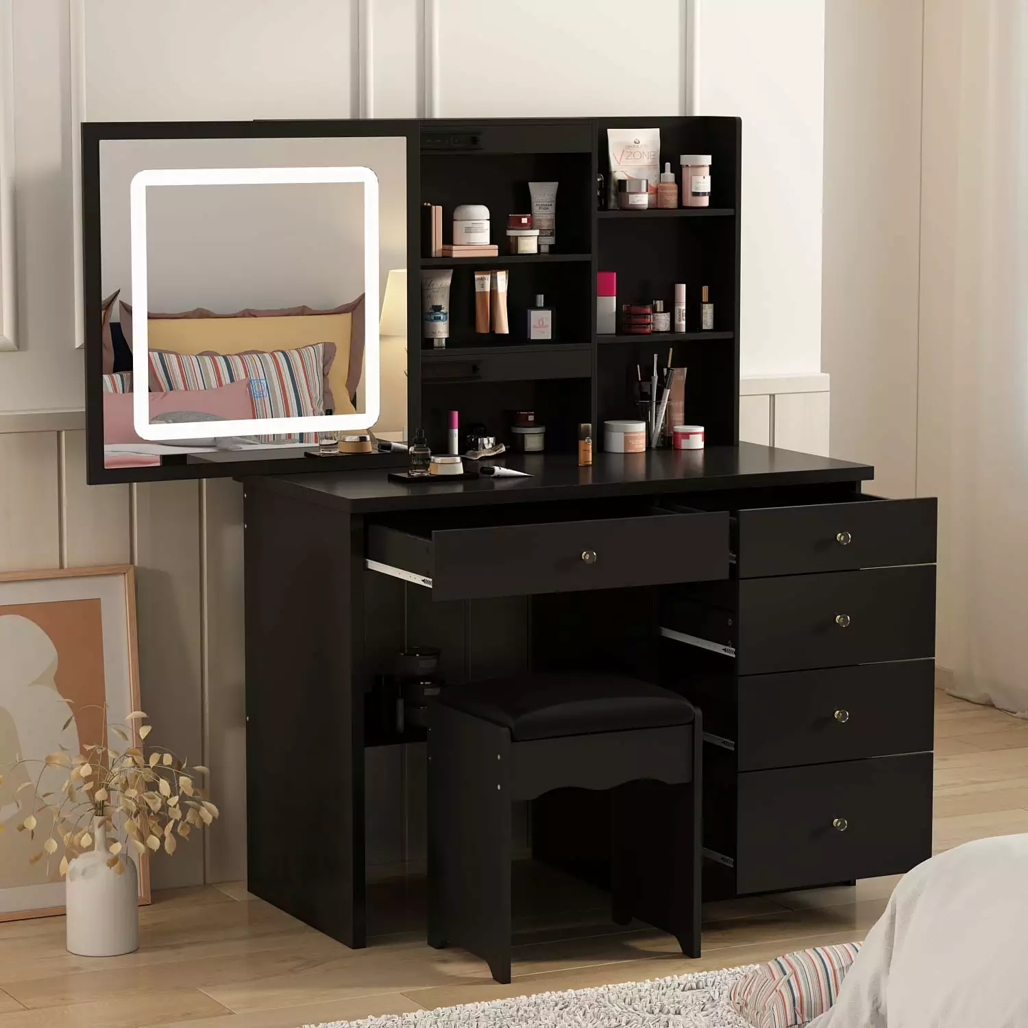 MONSLIPA Vanity Set w/Sliding Light Mirror. Makeup Vanity Table w/ Stool. Drawers & Storage Shelves for Girl Woman.Black