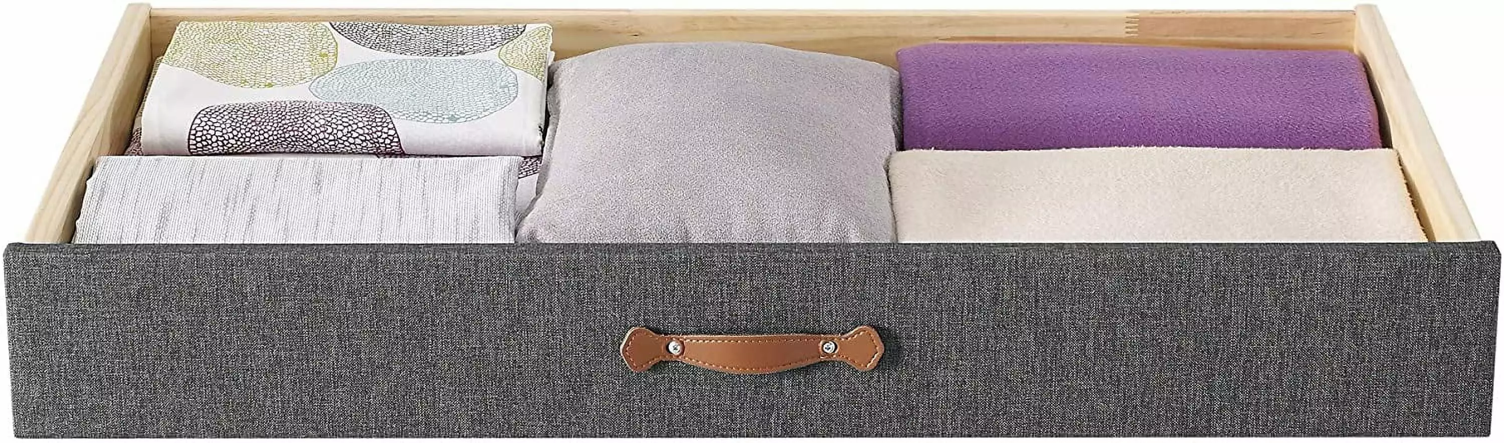 MUSEHOMEINC Upholstered Solid Wood Under Bed Storage Organizer Drawer with 4-Wheels for Bedroom/Leather Handle.Wooden Underbed Storage Organizer.Suggested for Queen and King Size Platform Bed