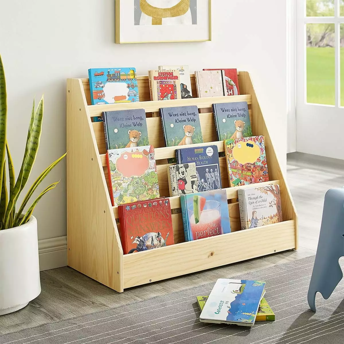 MUSHOMEINC Pinewood Single-Sided Bookcase Display Stand for Kid. Kids Storage Bookshelf with 4 Shelves. Book Display Rack forKid