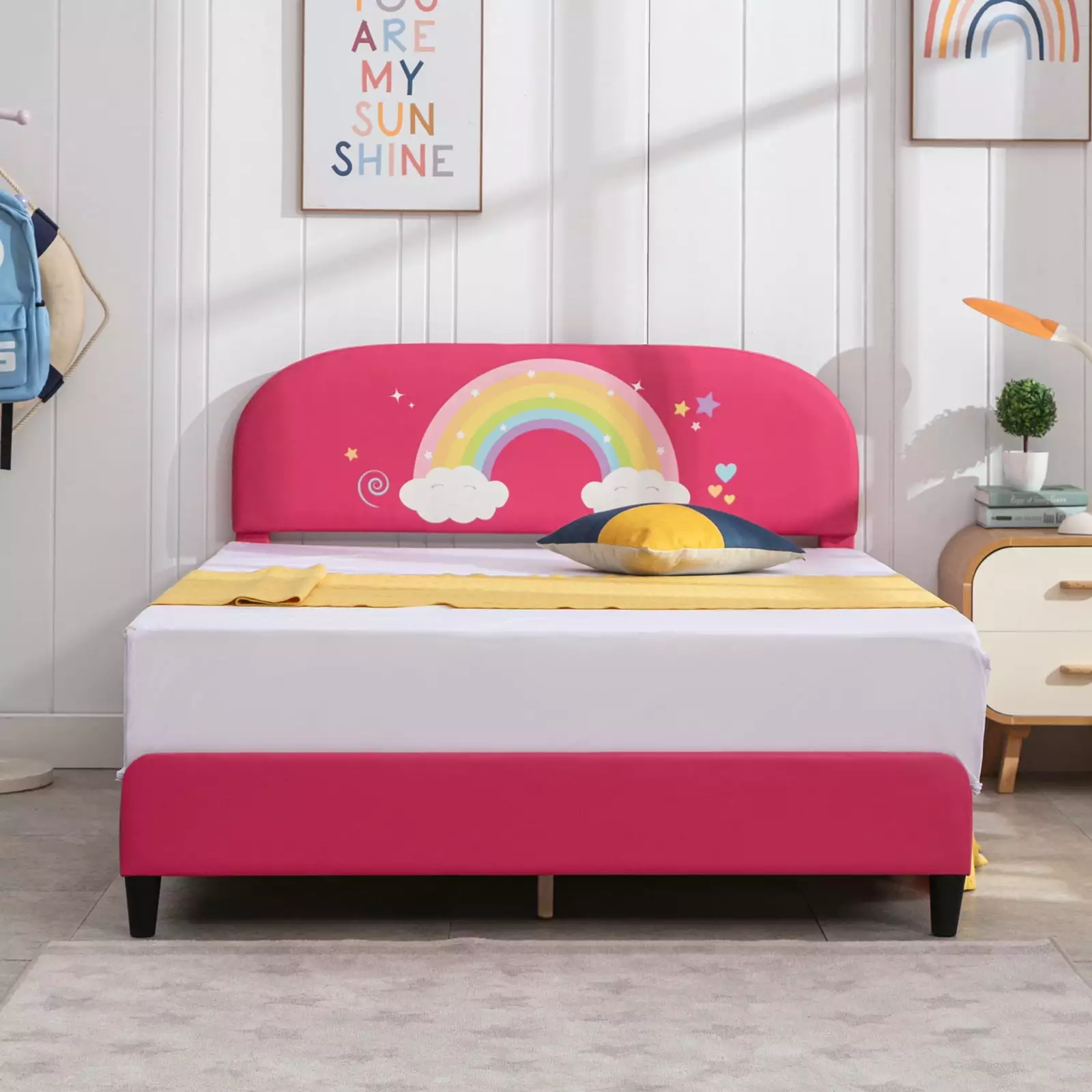 MUZZ Twin Size Kids Bed Frame. Faux Leather Upholstered Platform Bed Frame with Curved Headboard. Pink Princess Bed Frame for Children ( Twin. Rainbow )