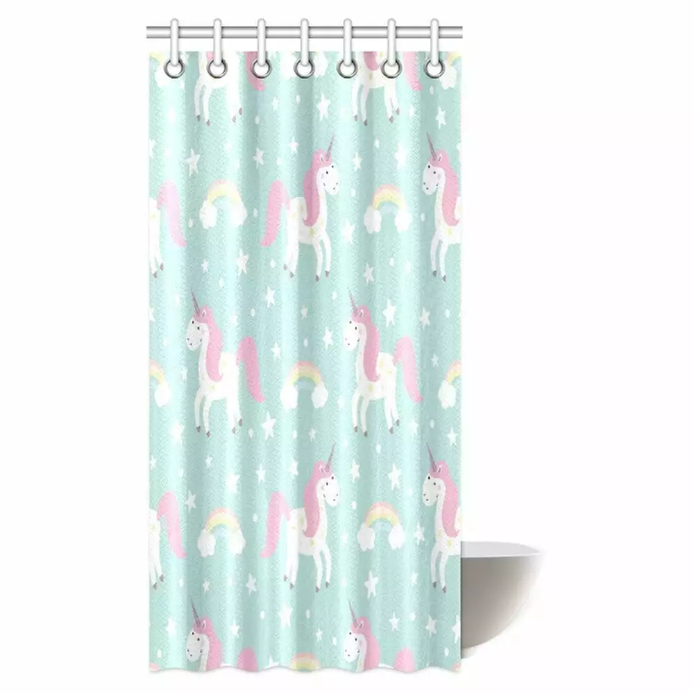 MYPOP Girls and Kids Shower Curtain Set. Unicorn With Rainbow Stars Clouds in the Sky Fabric Bathroom Shower Curtain Set with Hooks. 36 X 72 Inches