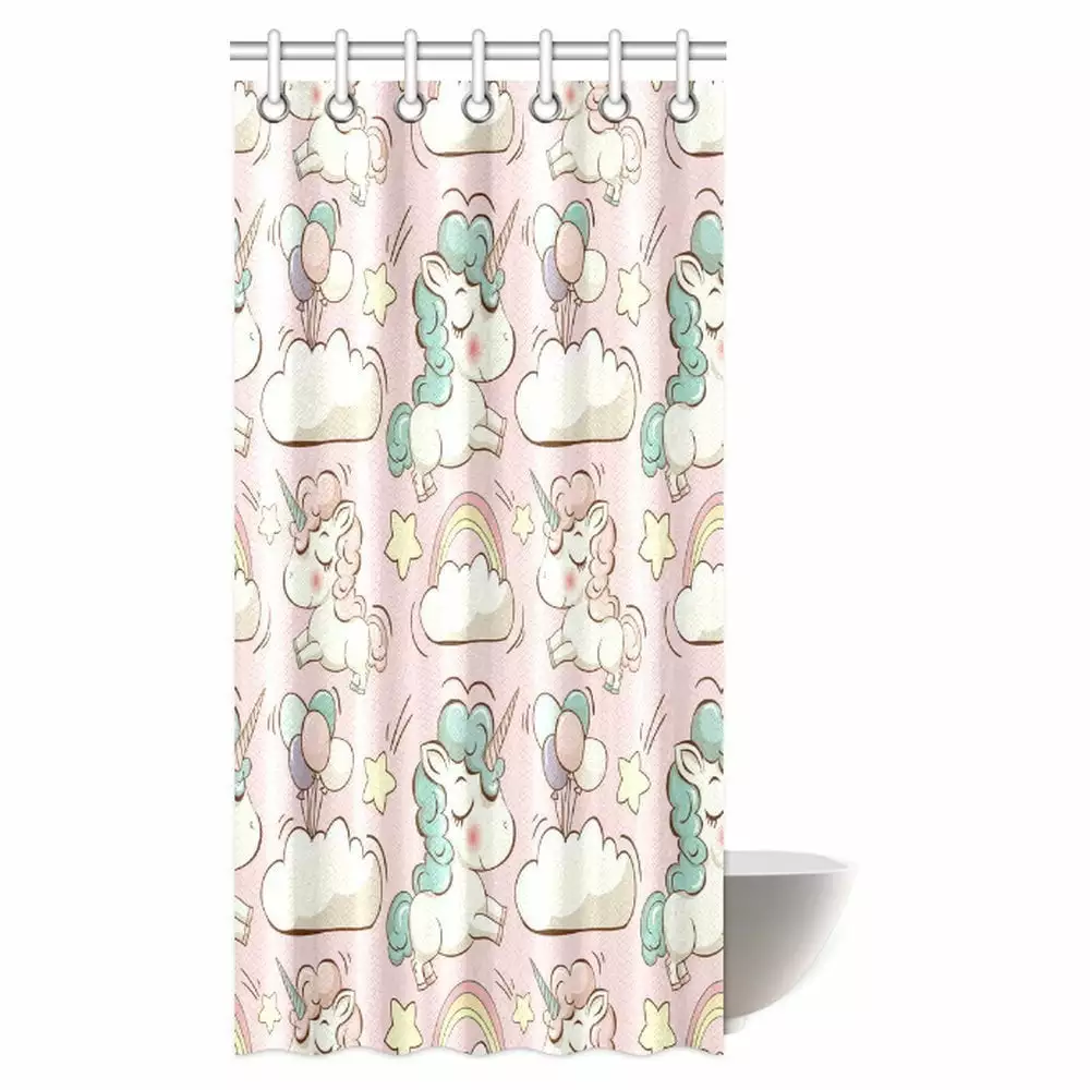 MYPOP Unicorn Home and Kids Decor Shower Curtain. Magic Unicorn Forms with Colorful Fantasy Cloud and Rainbow Pattern Fabric Bathroom Decor Set with Hooks. 36 X 72 Inches