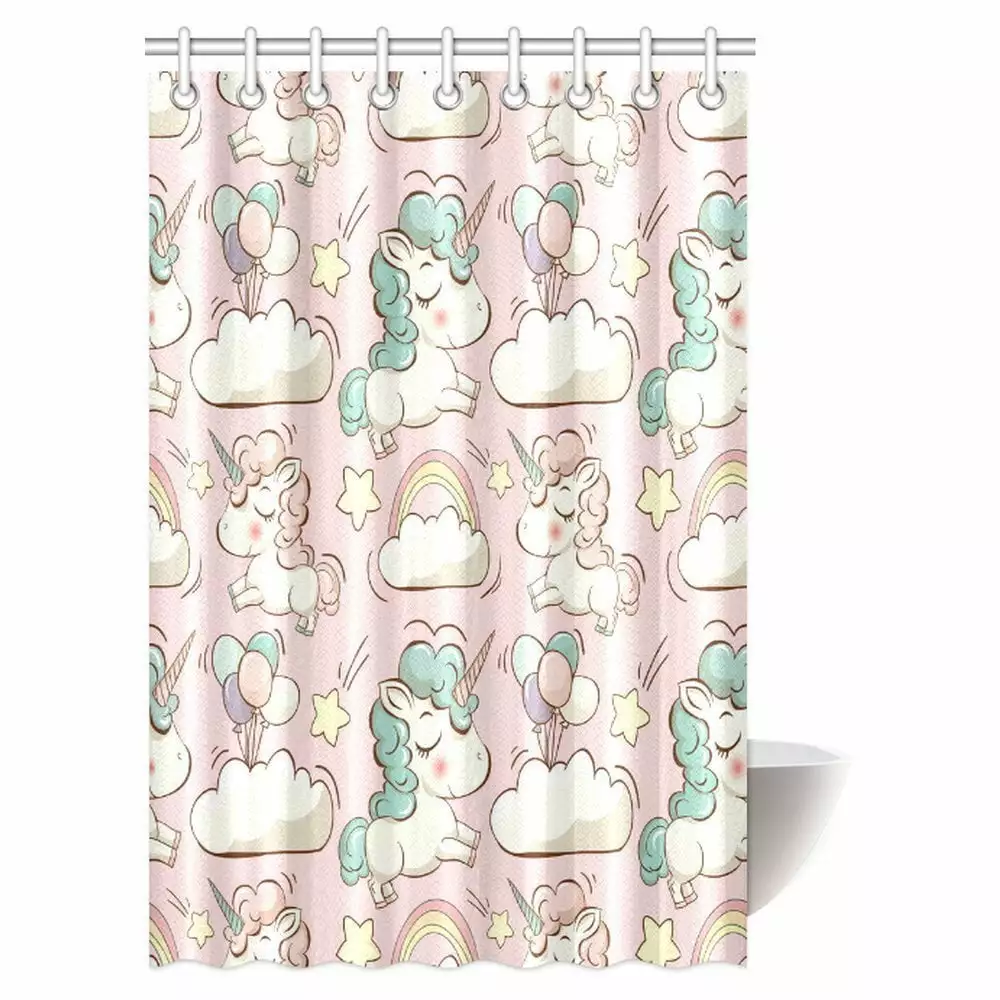 MYPOP Unicorn Home and Kids Decor Shower Curtain. Magic Unicorn Forms with Colorful Fantasy Cloud and Rainbow Pattern Fabric Bathroom Decor Set with Hooks. 48 X 72 Inches