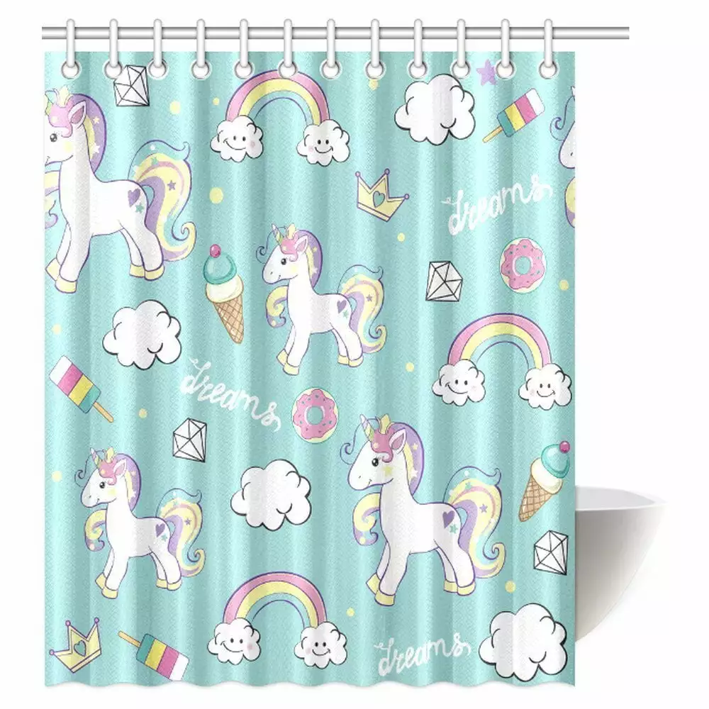 MYPOP Unicorn Home and Kids Decor Shower Curtain. Beautiful Unicorns with Diamond Ice Cream. and Clouds Bathroom Decor Set with Hooks. 60 X 72 Inches