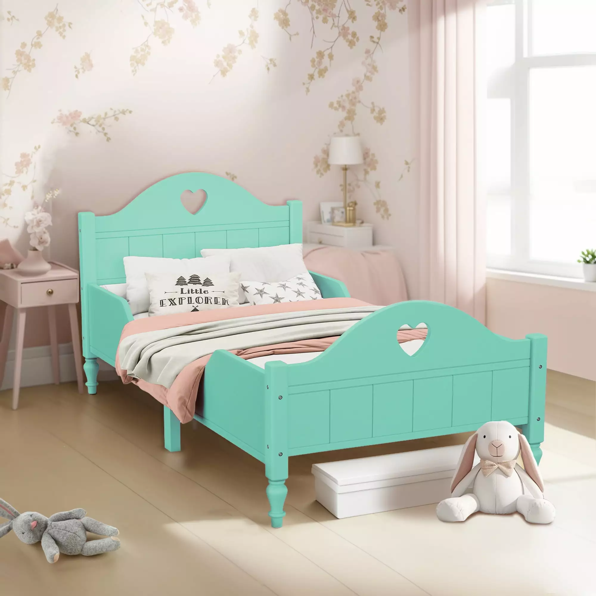 Macaron Twin Size Toddler Bed with Side Safety Rails. Modern Platform Bed with Cambered Headboard and Footboard. Wooden Twin Bed Frame for Kids. Girls. Boys. No Box Spring Required. Seasoft Green