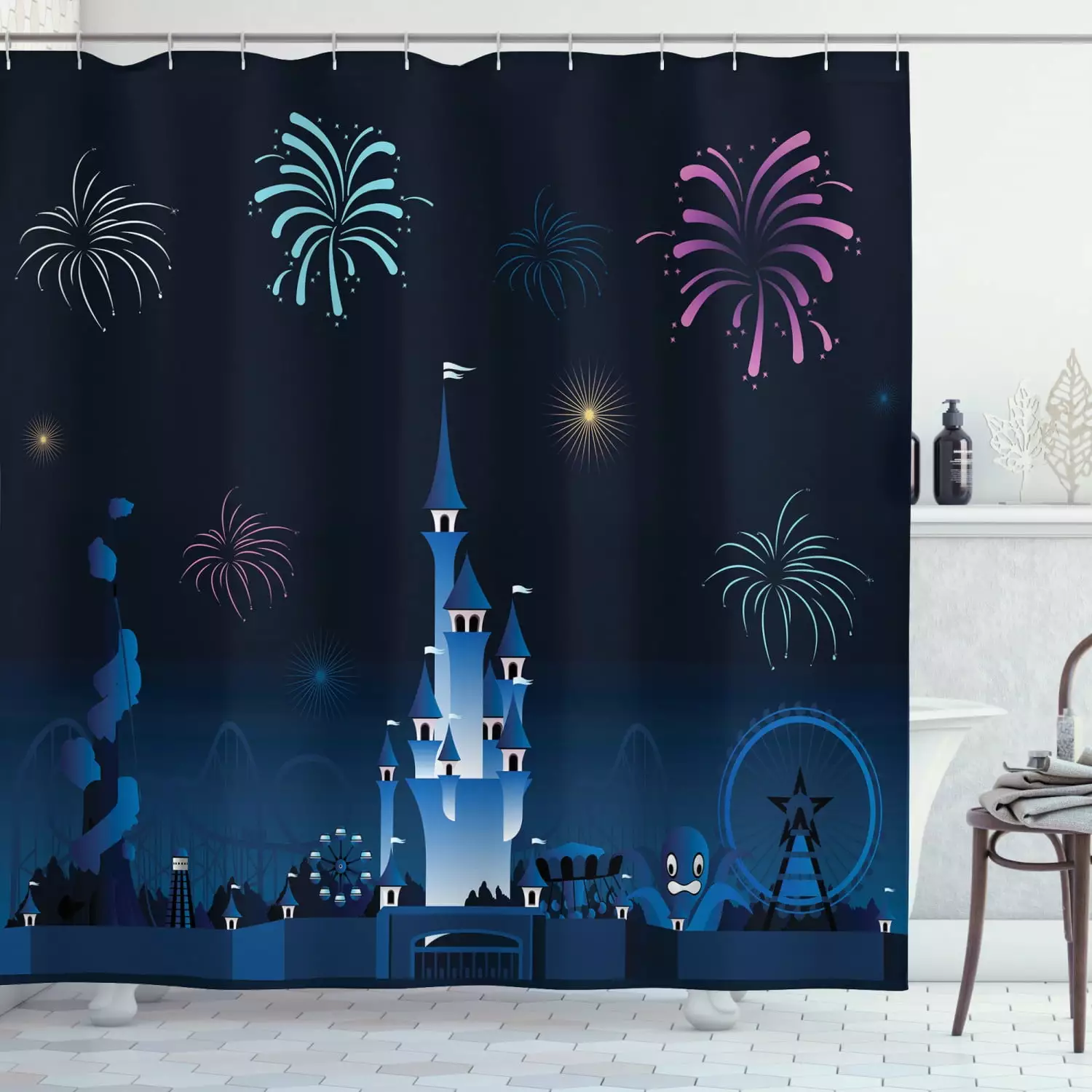 Magic Shower Curtain. Simplistic Amusement Park Silhouette Kids Magic Castle Cartoon. Fabric Bathroom Set with Hooks. 69W X 84L Inches Extra Long. Night Blue Persian Blue and Pink. by Ambesonne