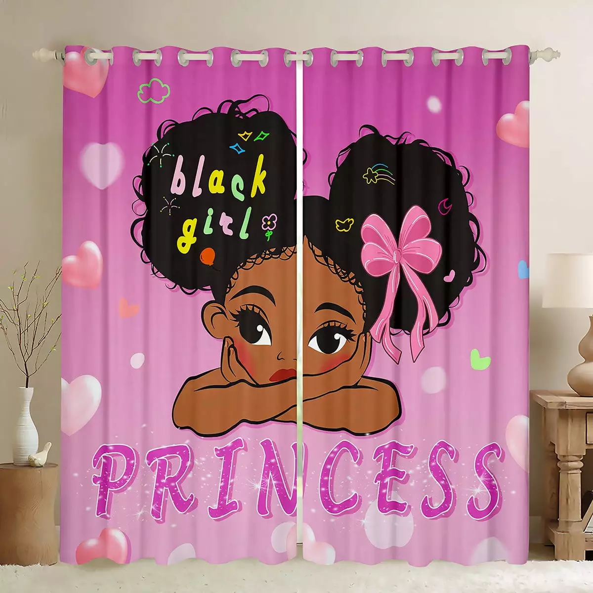 Magical Black Girls Curtains & Drapes Little Princess Curtains for Kids Toddler Child. Pink Love Hearts Blackout Curtains Afro Theme Living Room Curtains. Cute Kawaii American Girl Window Curtains