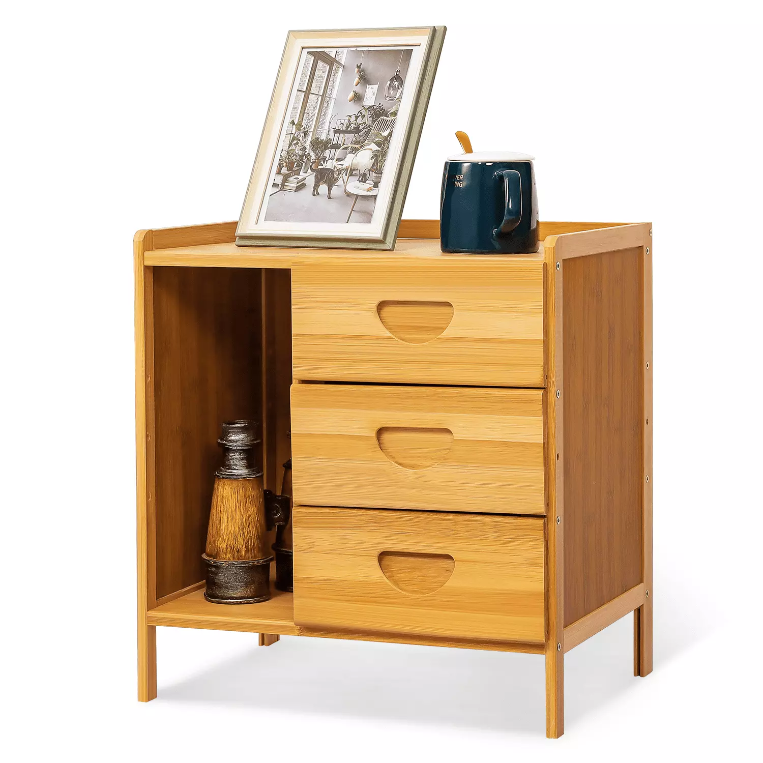 Magshion Bamboo 3 Tiers 3 Drawers Beside Table. Modern Nightstand. Natural. for Bedroom