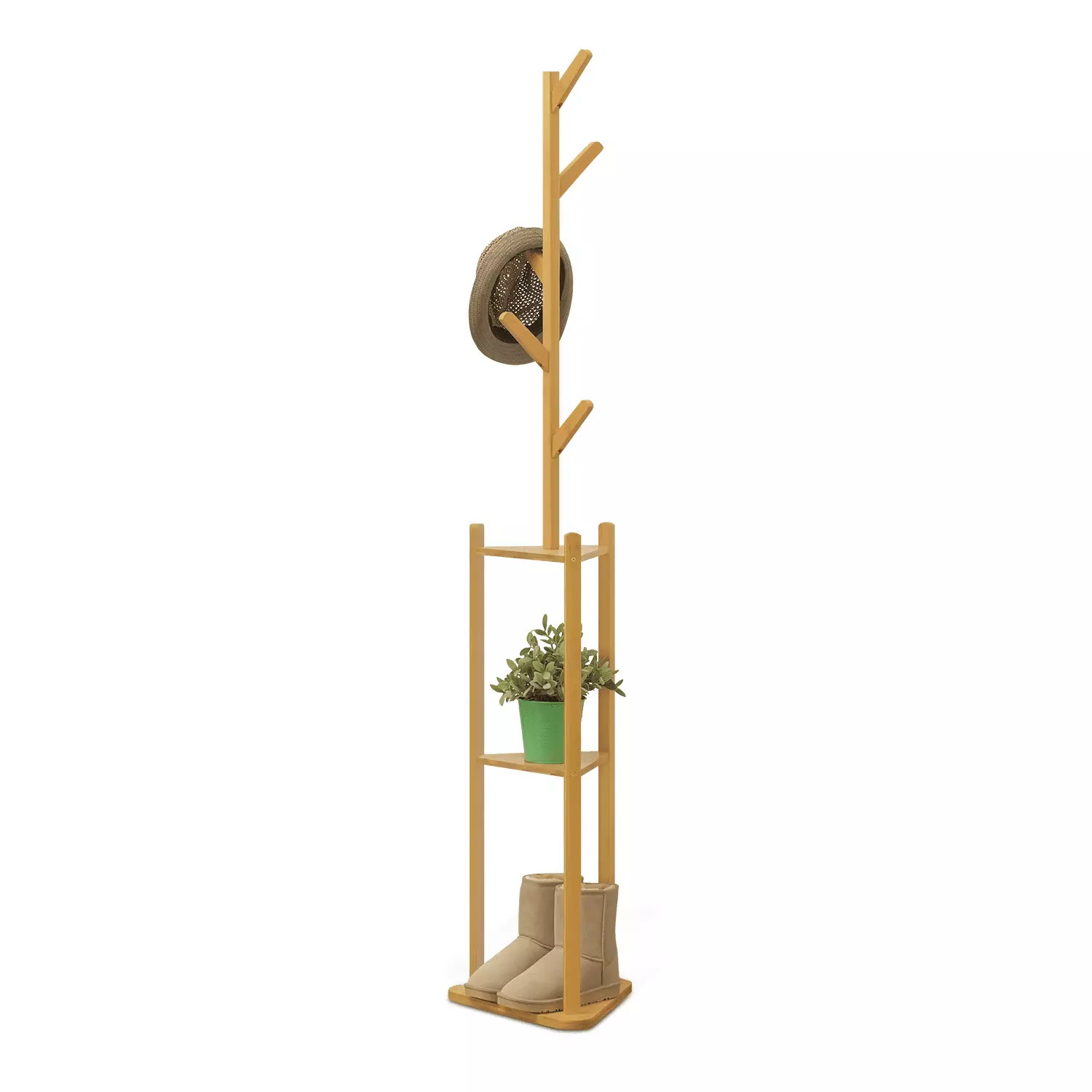 Magshion Bamboo 3 Tiers Coat Rack. Clothes Storage Stand. Hooks Hall Tree. Natural. for Entryway