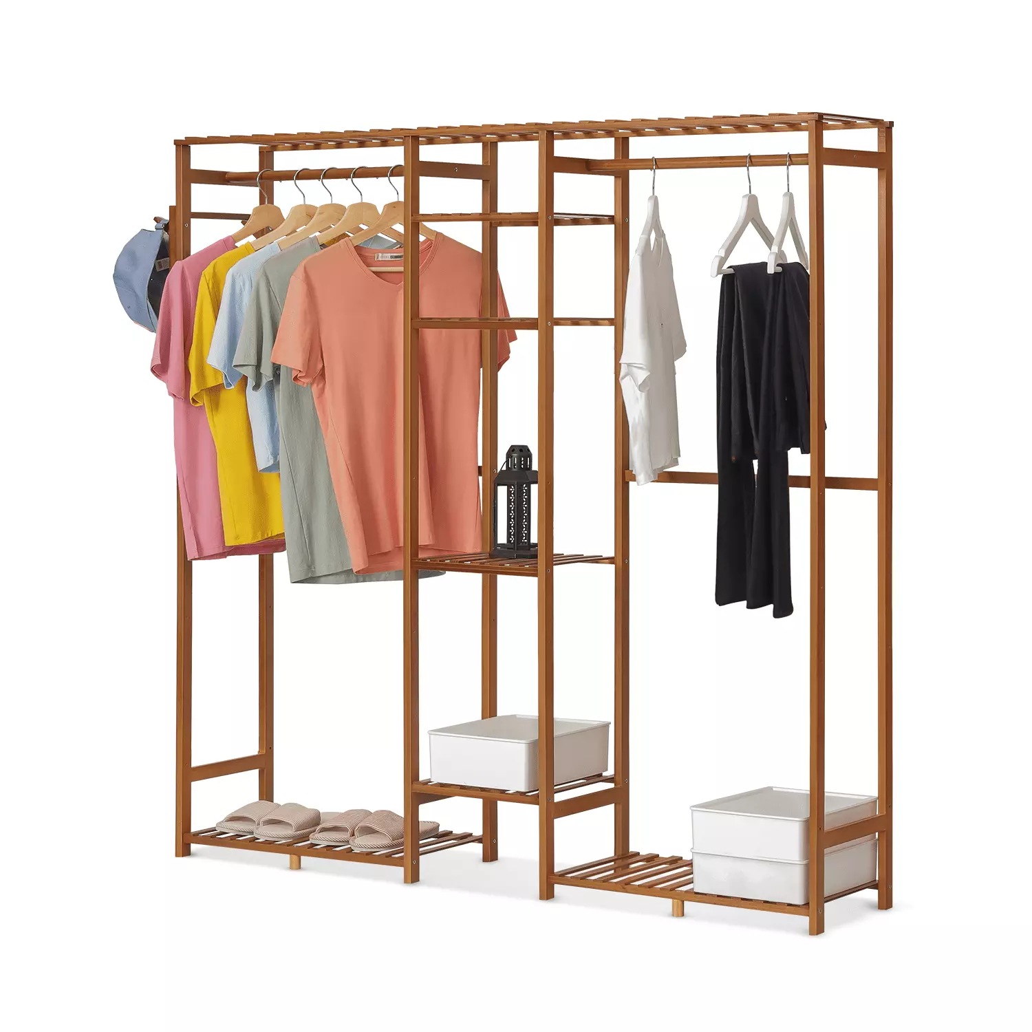 Magshion Bamboo 6 Tiers Coat Pants Rack. Modern Closet Storage Wardrobe. Hat Hooks. Brown. for Bedroom