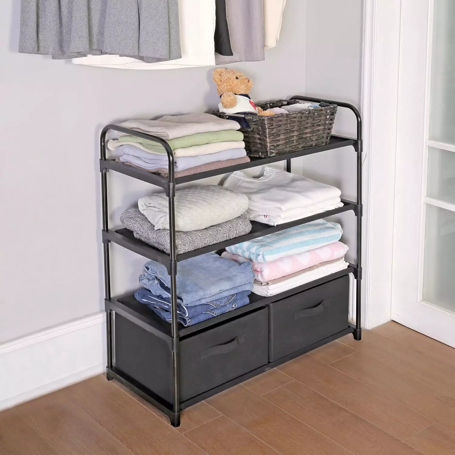 Mainstays 4 Shelf Closet Organizer with 2 Bins. Black. Metal Frame. Adult and Child