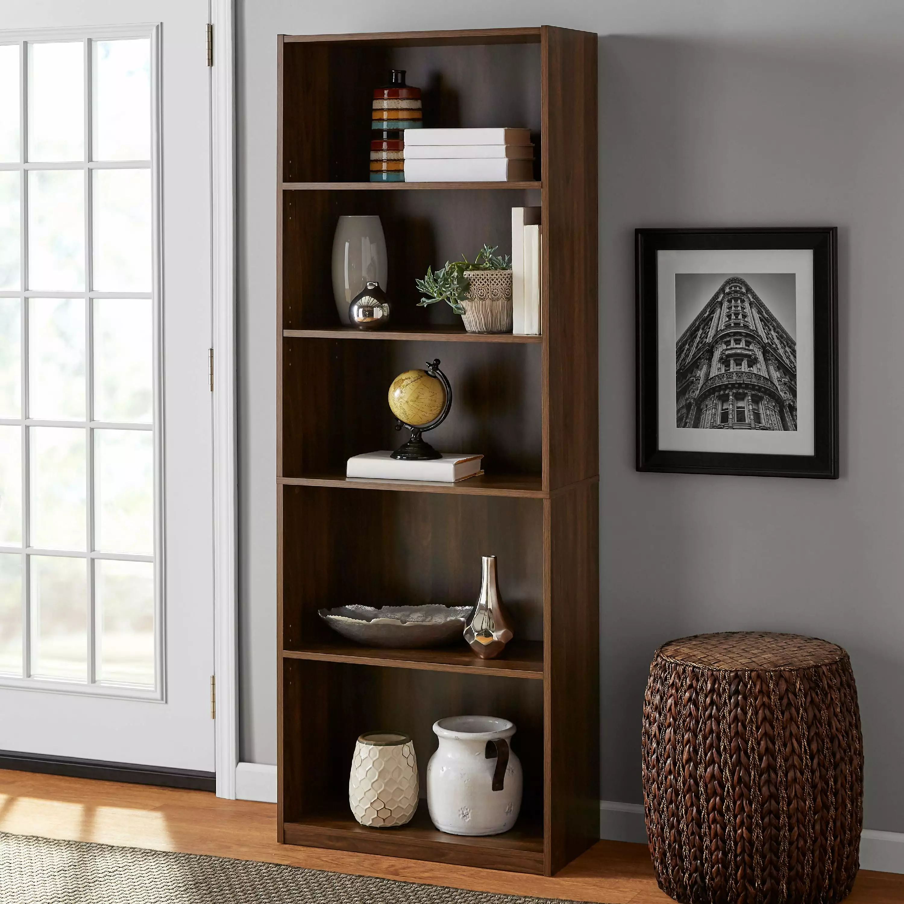 Mainstays 5-Shelf Bookcase with Adjustable Shelves. Canyon Walnut