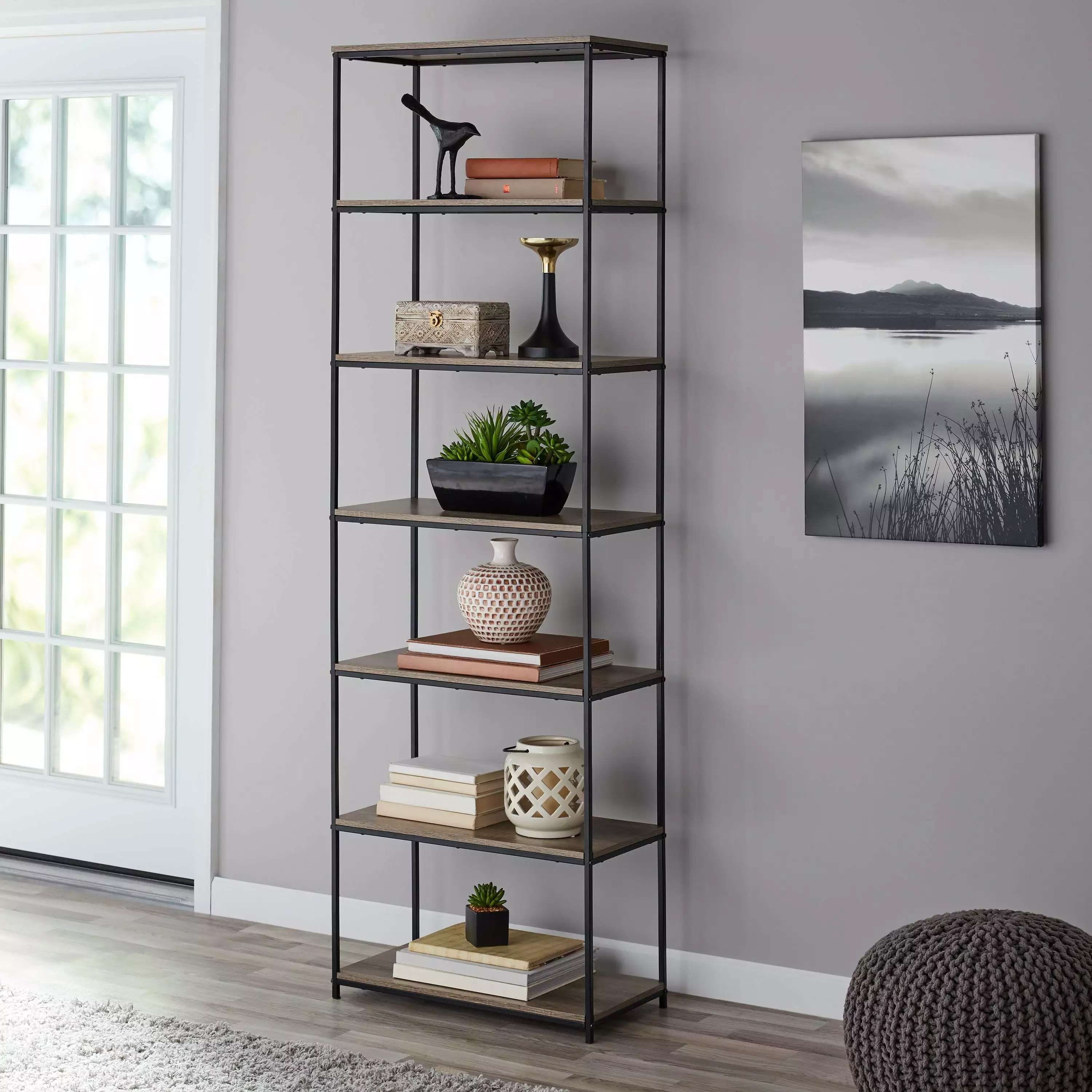 Mainstays 6-Shelf Metal Frame Bookcase. Rustic Brown