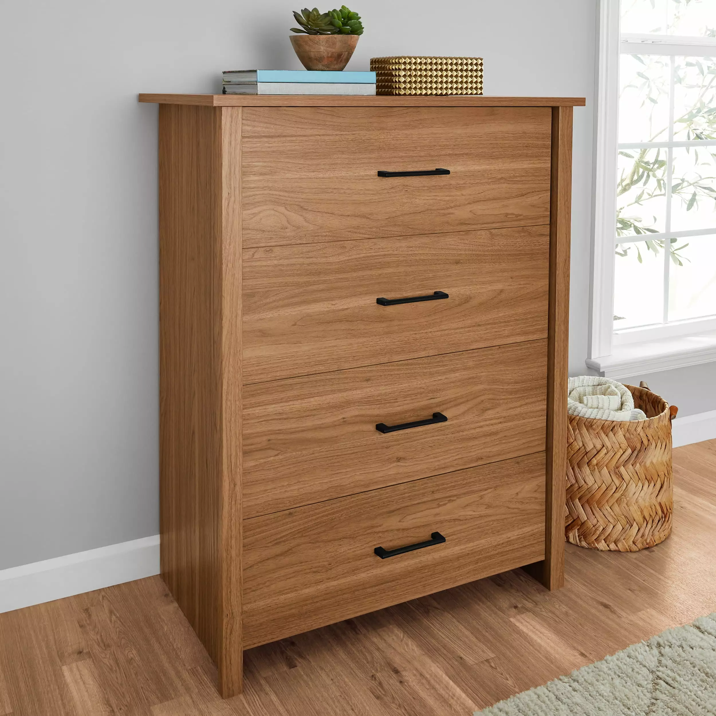 Mainstays Hillside 4-Drawer Dresser. Walnut Finish