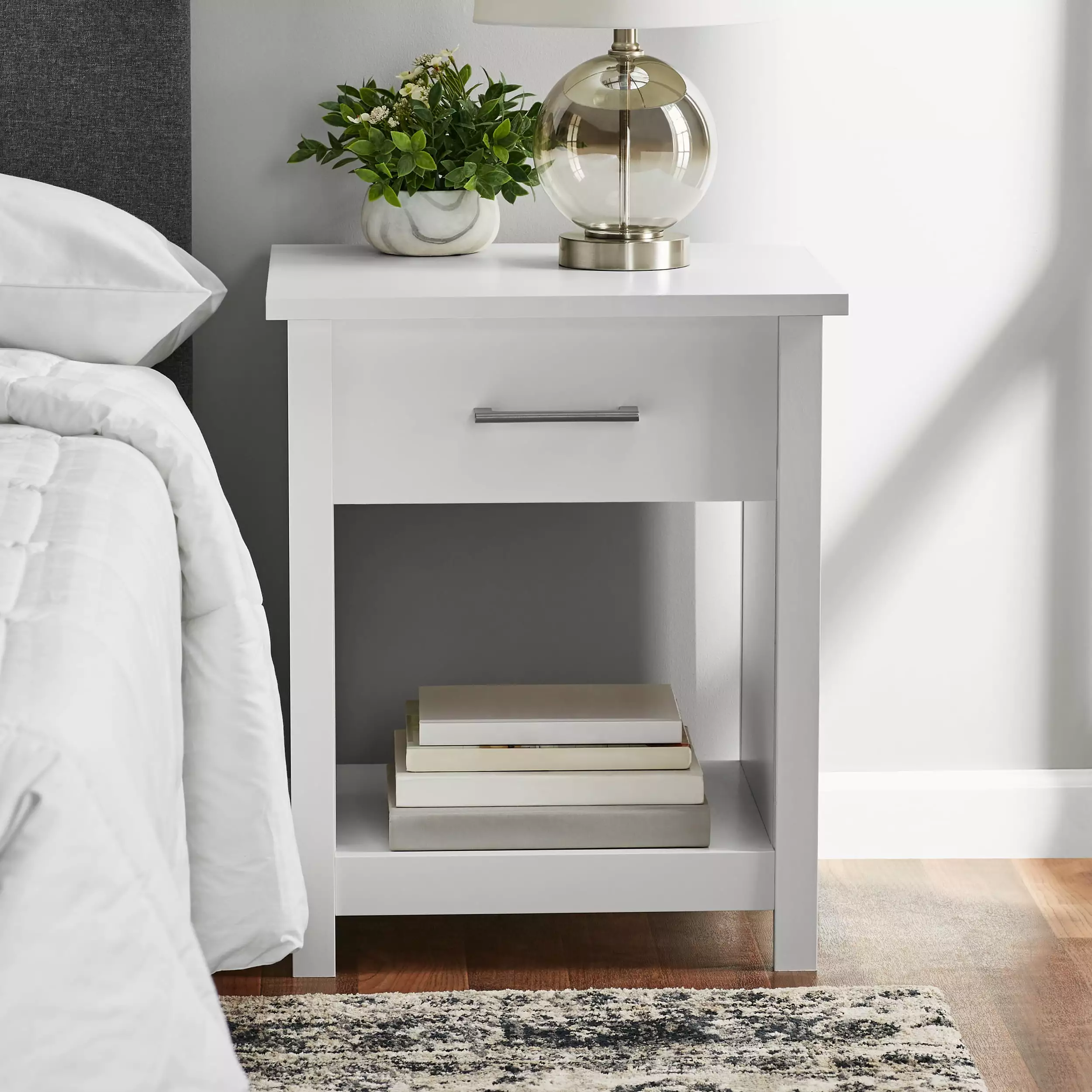 Mainstays Hillside Nightstand with Drawer. White Finish