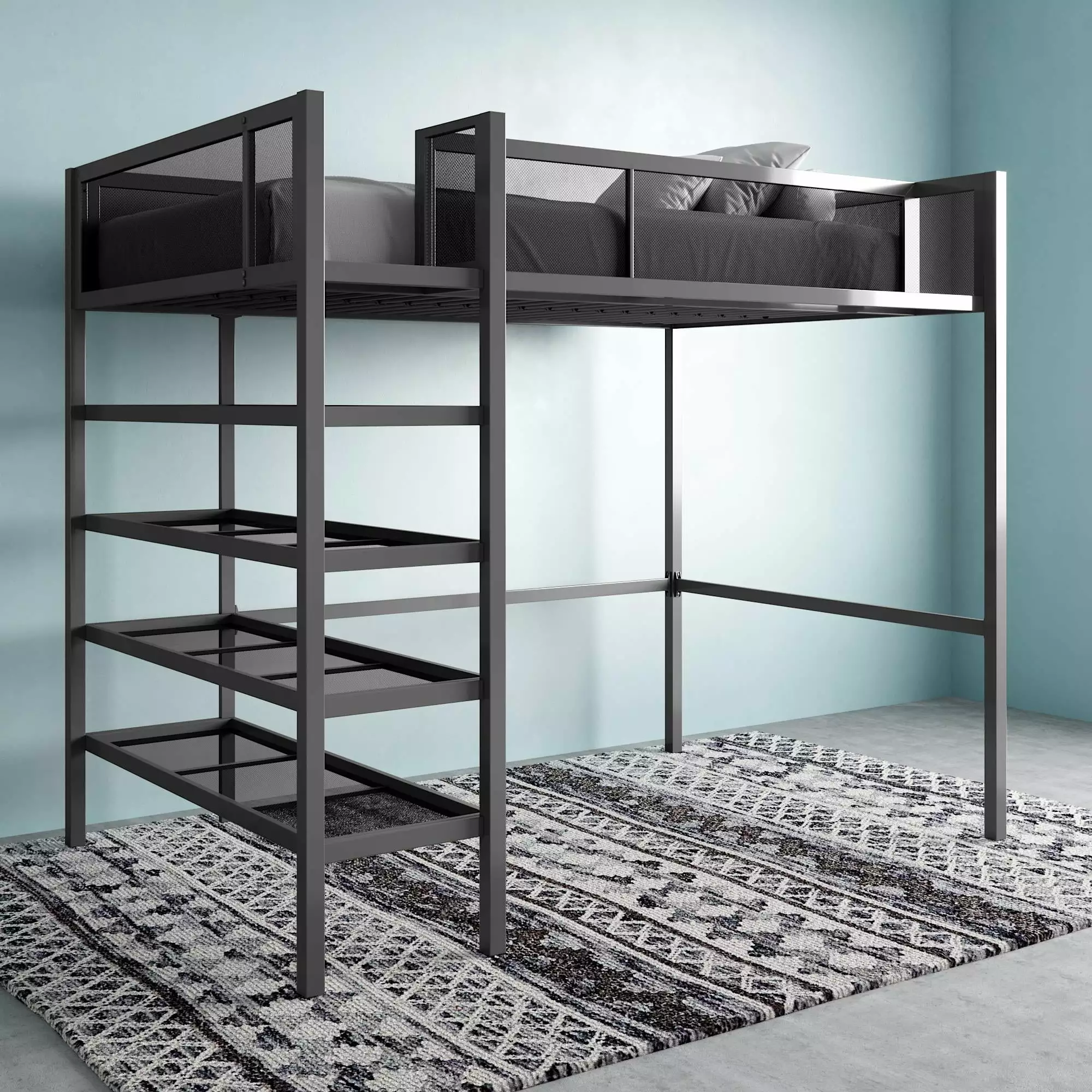 Mainstays Metal Storage Loft Bed with Book Case. Black. Twin