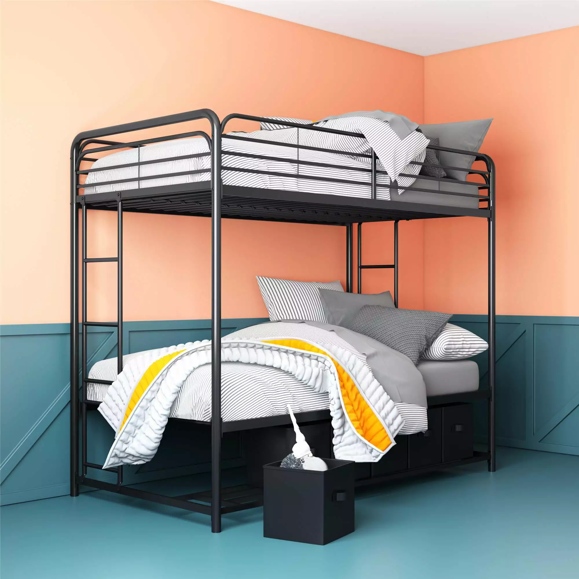 Mainstays Twin over Twin Metal Bunk Bed with Storage Bins. Black