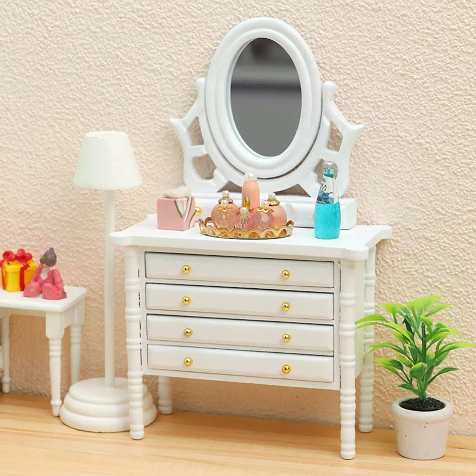 Mairbeon 1:12 Miniature Dresser Mirror Drawer Design Stable Support Non-Fading Free Standing Dressing Table Model for Entertainment