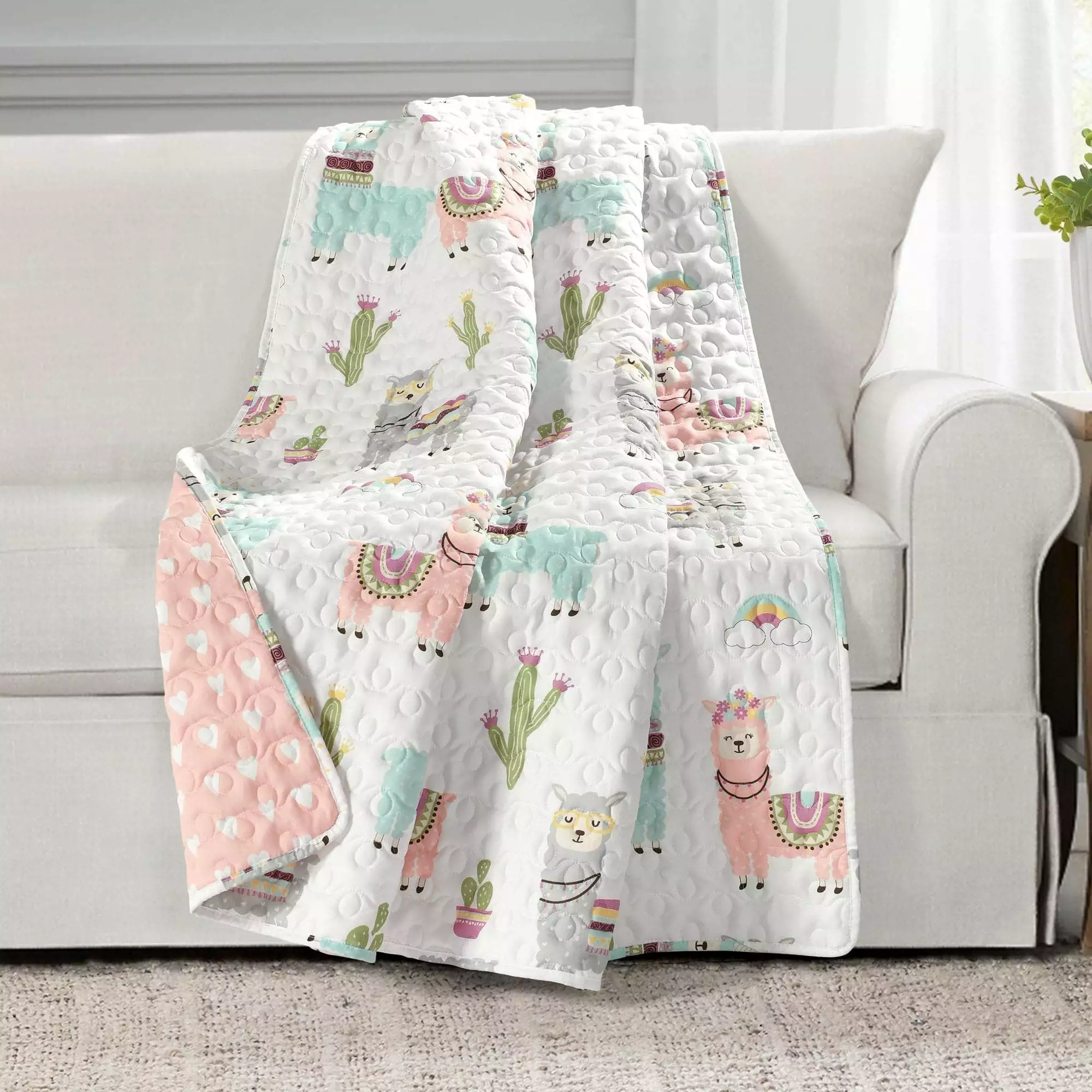 Make A Wish Southwest Llama Cactus by Lush D??cor Animal Print Polyester ReversibleThrow. 60 x 50. White/Blush. Single