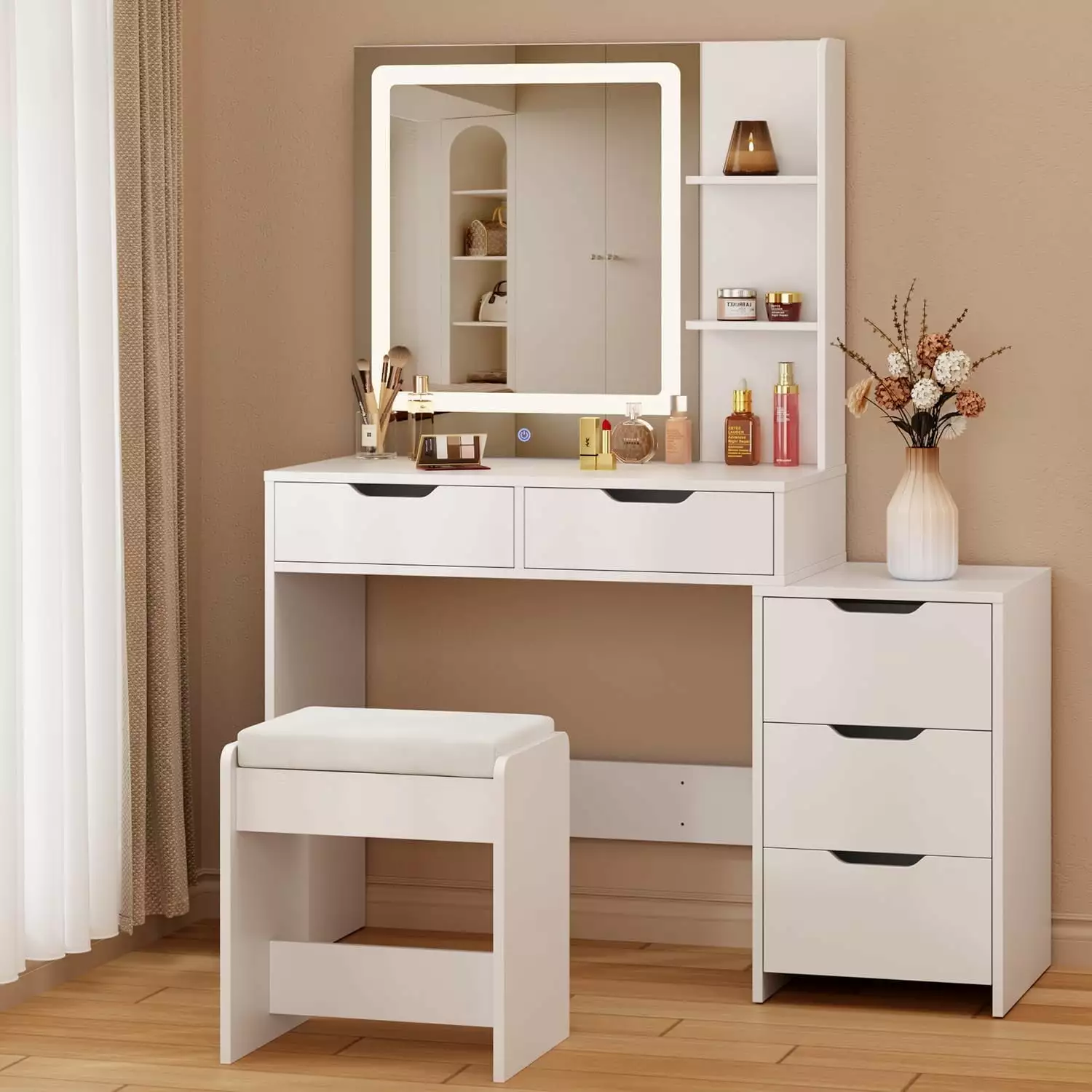 Makeup Vanity Desk with Mirror and Lights. 43.5 Vanity Table with 5 Drawers & Storage Shelves. White