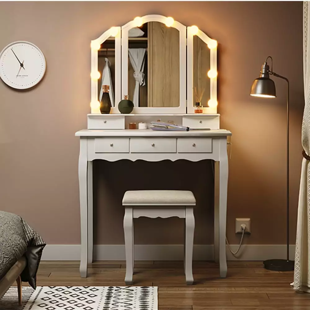 Makeup Vanity with Tri-Fold Mirror and Lights and Padded Vanity Stool.Makeup Vanity Set with 5 Drawer & Charging Station.Bedroom Wooden Vanity White