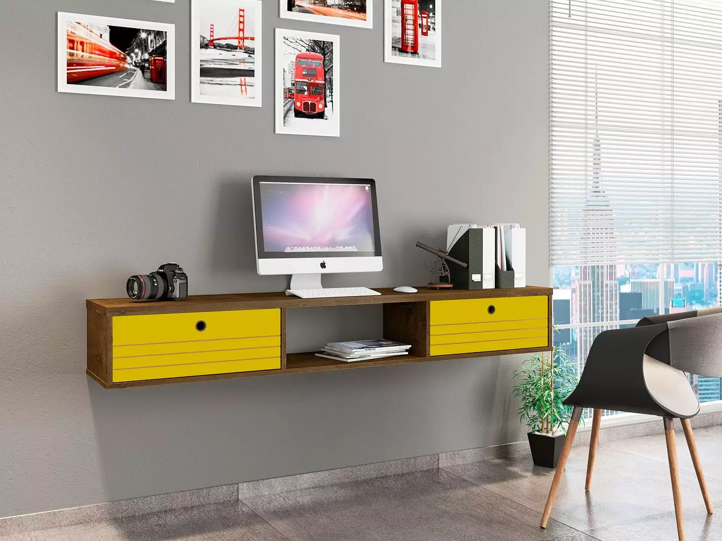 Manhattan Comfort Liberty 62.99 Mid-Century Modern Floating Office Desk with 3 Shelves in Rustic Brown and Yellow