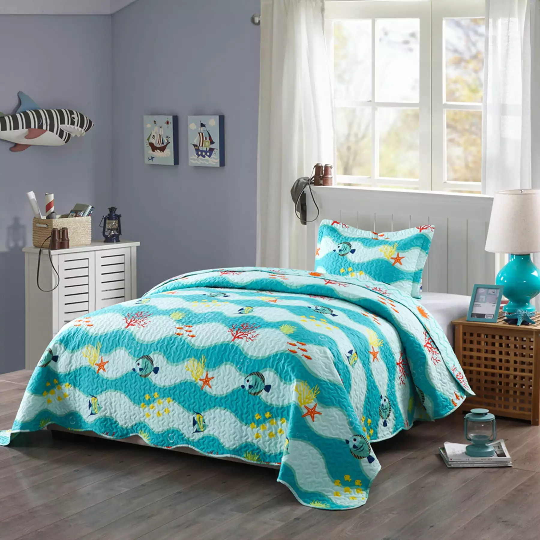 MarCielo 2 Piece Kids Bedspread Quilts Set Throw Blanket for Teens Boys Girls Bed Printed Bedding Coverlet. Twin Size. 277Fish Quilt (Twin)