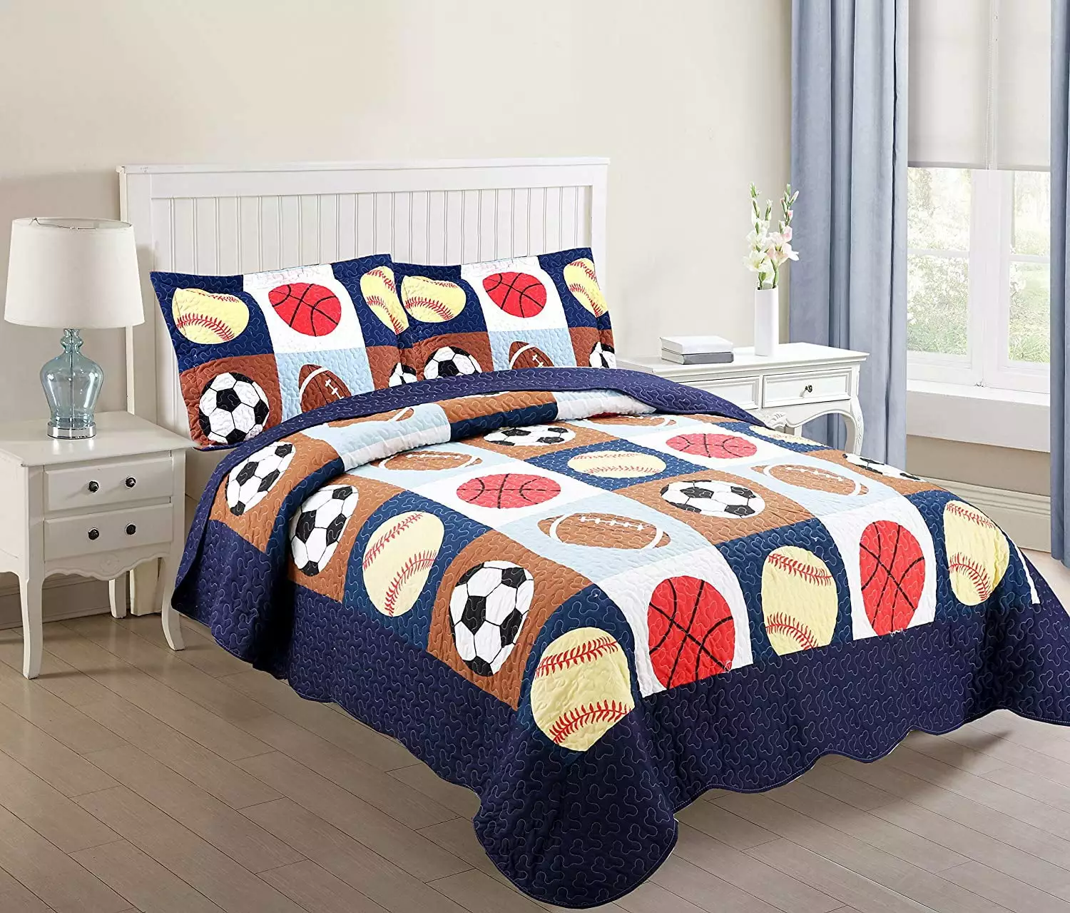 MarCielo 3 Piece Kids Bedspread Quilts Set Throw Blanket for Teens Boys Bed Printed Bedding Coverlet. Full Size. Blue Basketball Football Sports. American Football (Full)