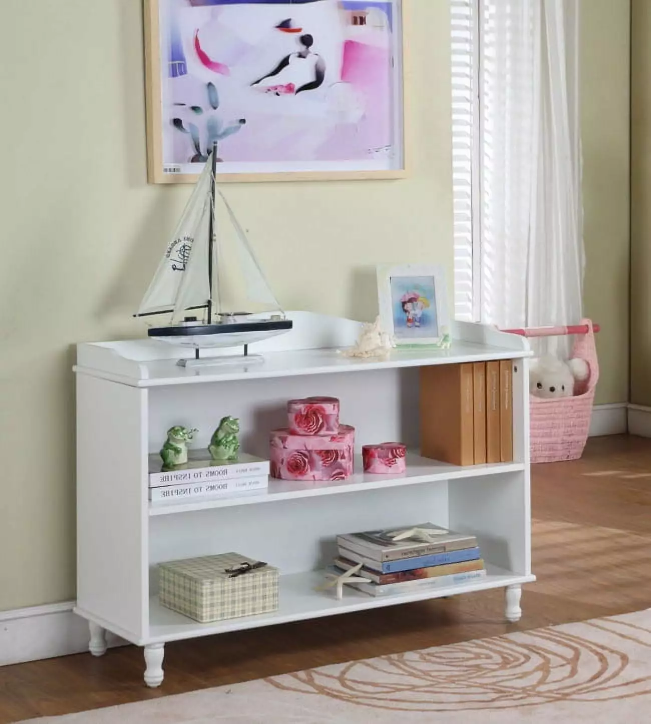 Marie White Wood Kids 3 Tier Bookcase Display Storage Cabinet With Shelves