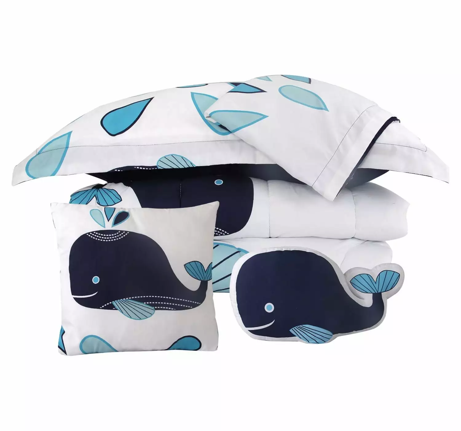 Marquess Twin Size Whale Pattern Kids Comforter Sets for Boys. 5 Pieces Quilted Children Bedding Set White Navy