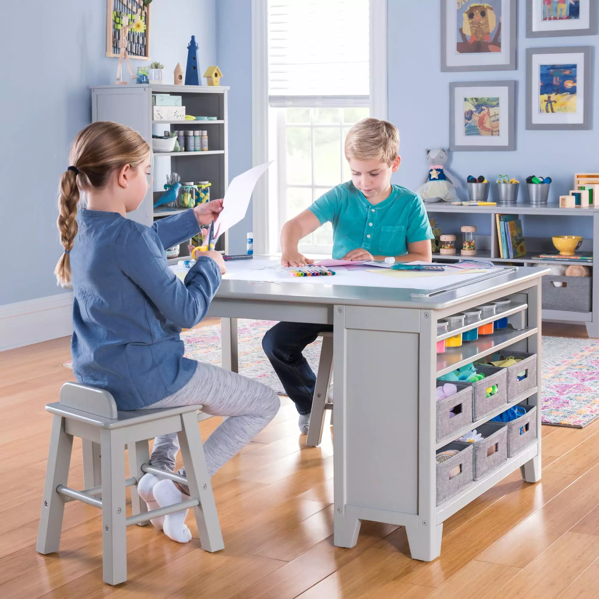 Martha Stewart Kids' Art Table and Stool Set - Sharky Gray: Children's Wooden Activity and Crafting Table with Bins and Paper Roller