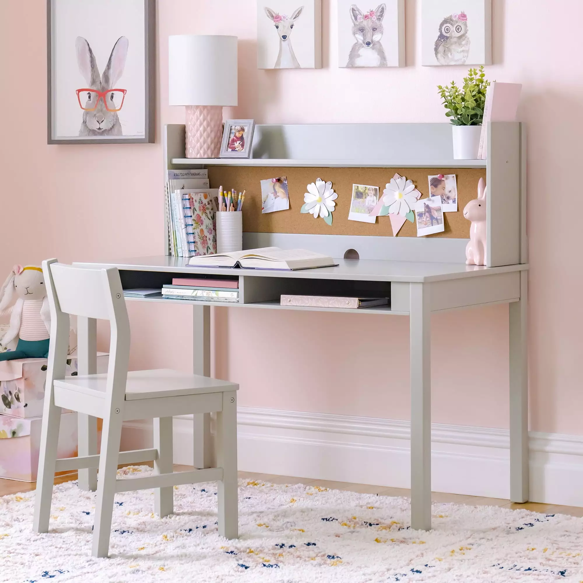 Martha Stewart Kids' Desk with Hutch and Chair - Sharky Gray: Wooden Bedroom Computer. Writing and Study Table with Storage Cubbies