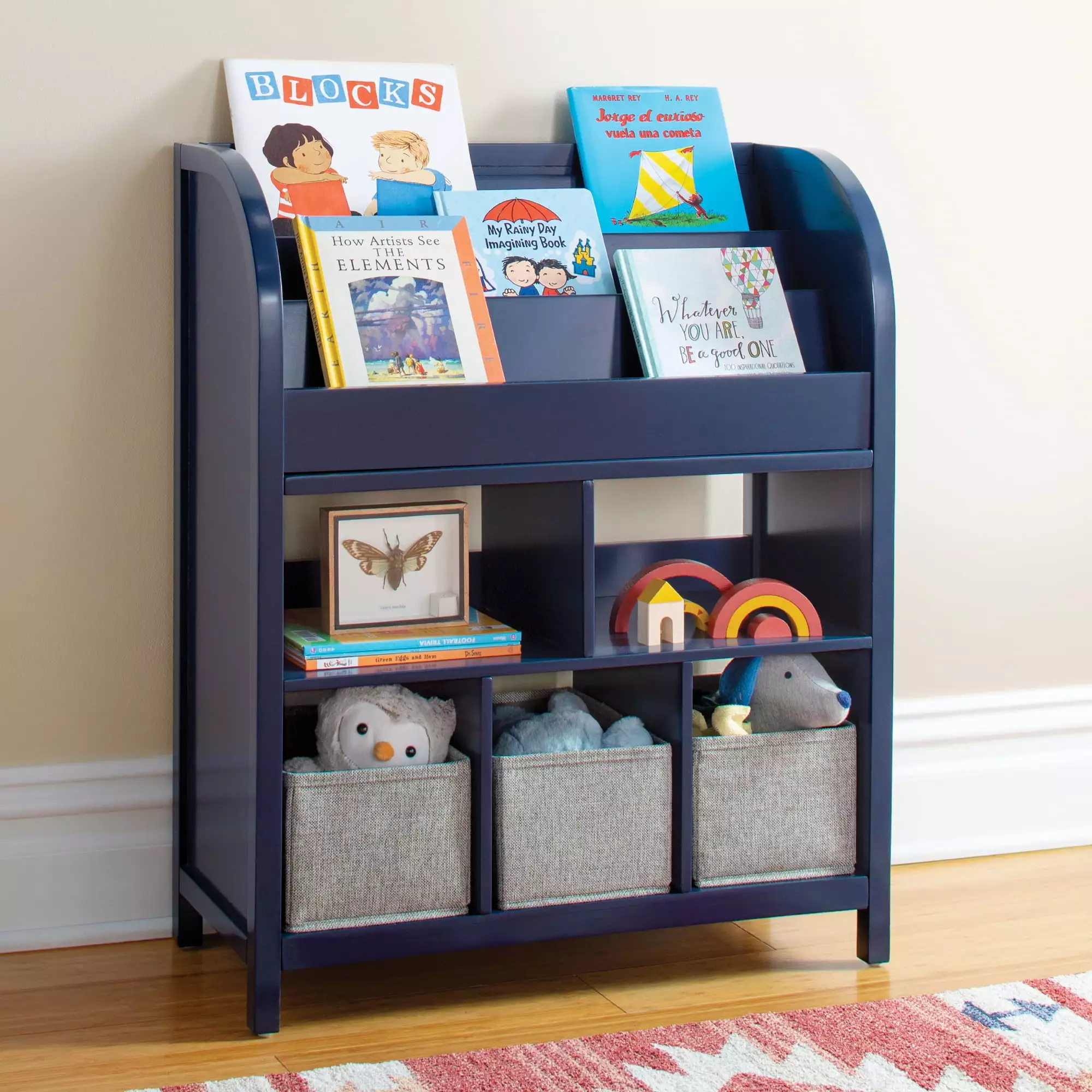 Martha Stewart Kids' Jr. Book and Bin Browser - Navy: Children's Wooden Bookshelf. Toddler Toy Storage with Bins and Book Display