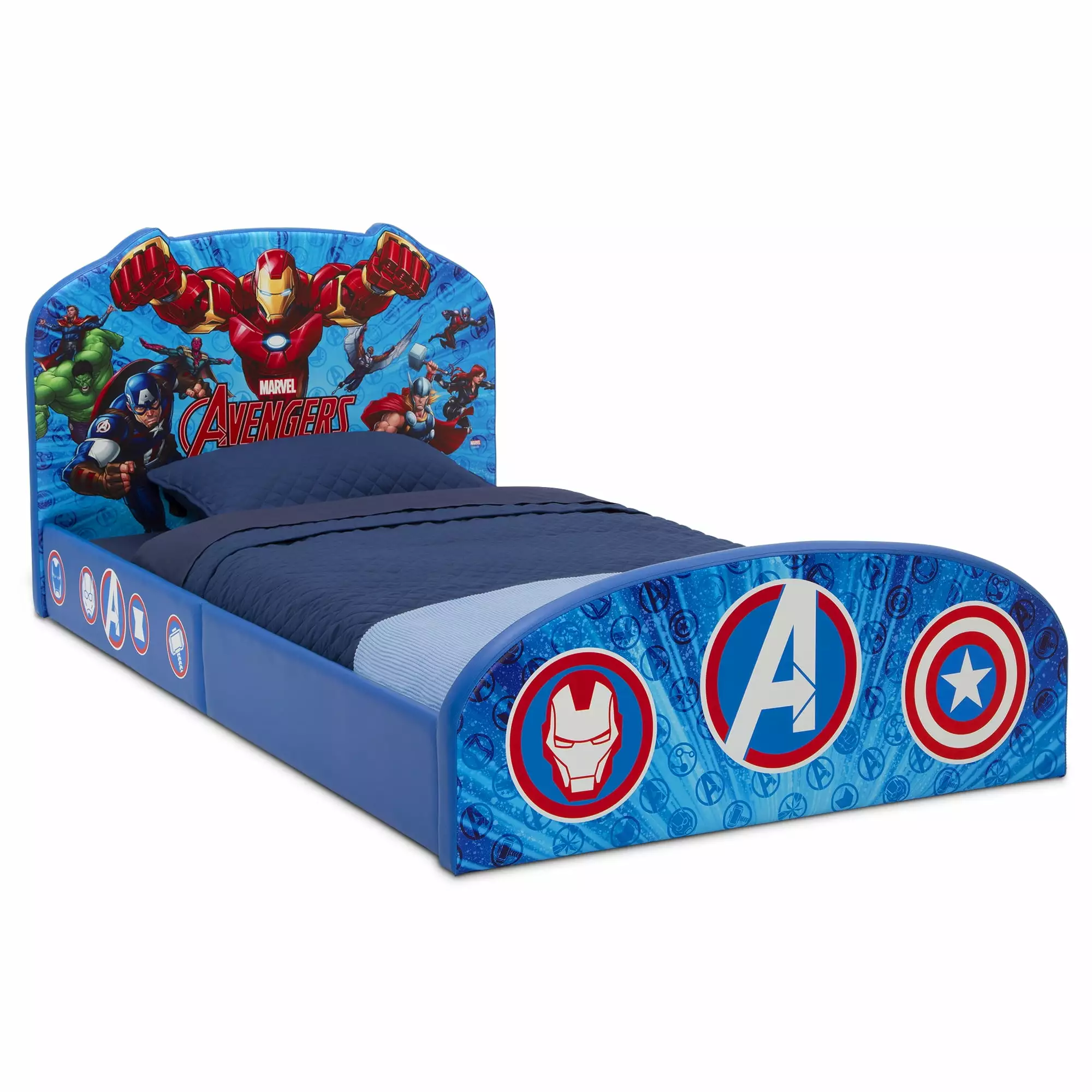 Marvel Avengers Upholstered Twin Bed by Delta Children. Blue