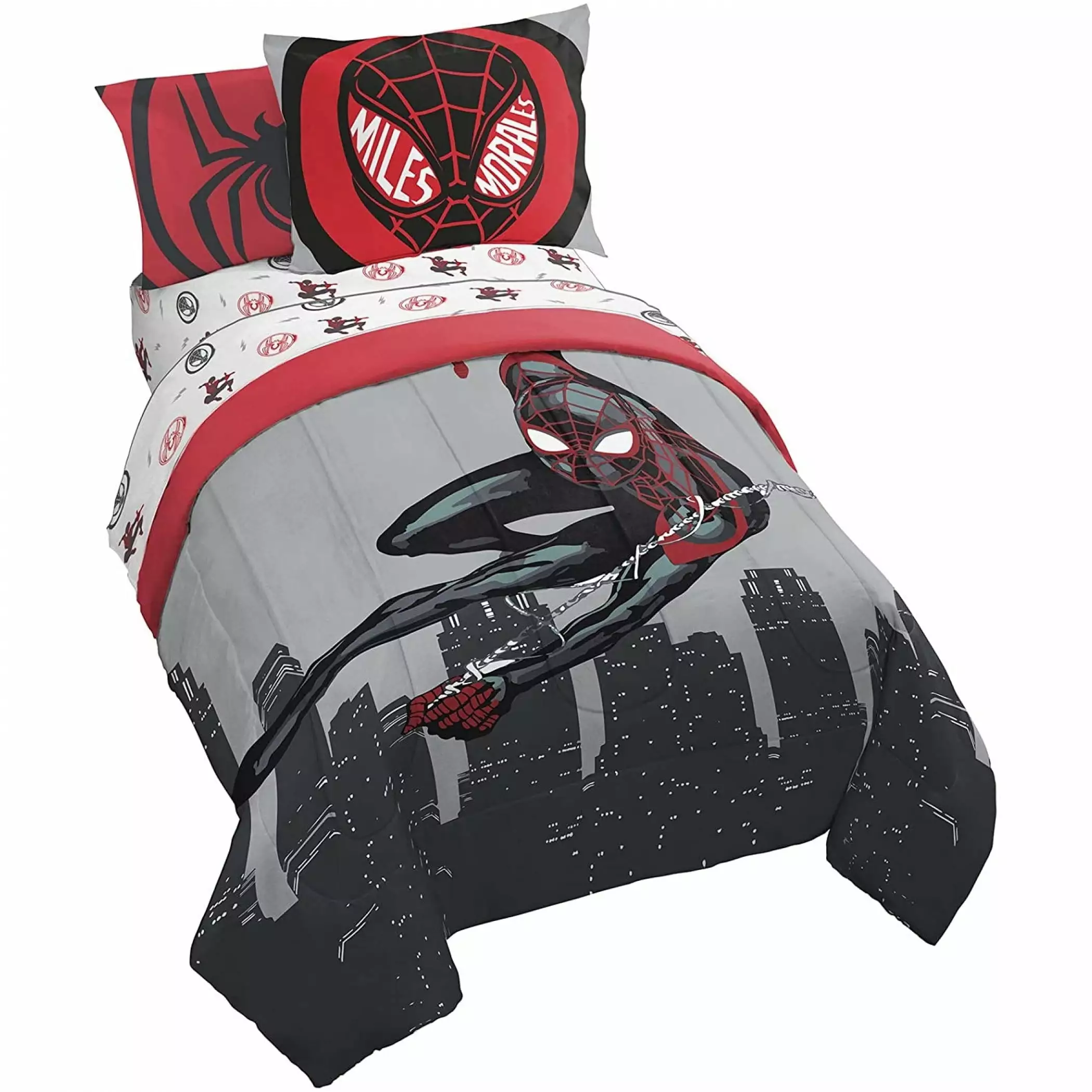 Marvel Spider Man Miles Morales New Kid Red & Black 5 Piece Twin Bed Set. 100% Microfiber