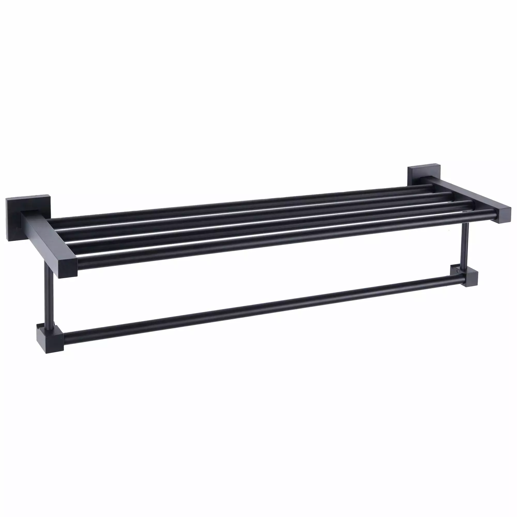 Matte Black Towel Shelf with Bar. 24 Inch Wall Mounted Rack for Bathroom